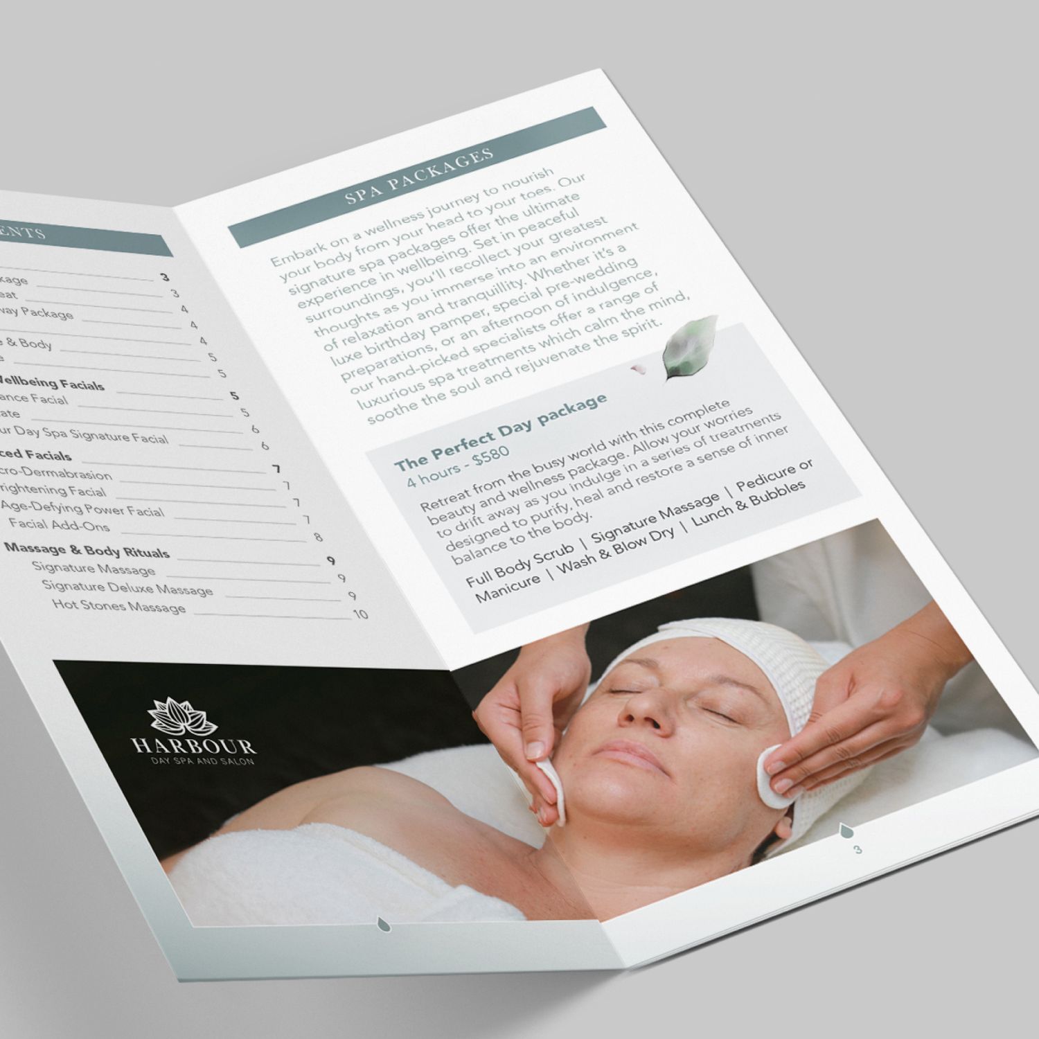 Spa treatment brochure design showing service information and treatment details by JOT studio graphic design.