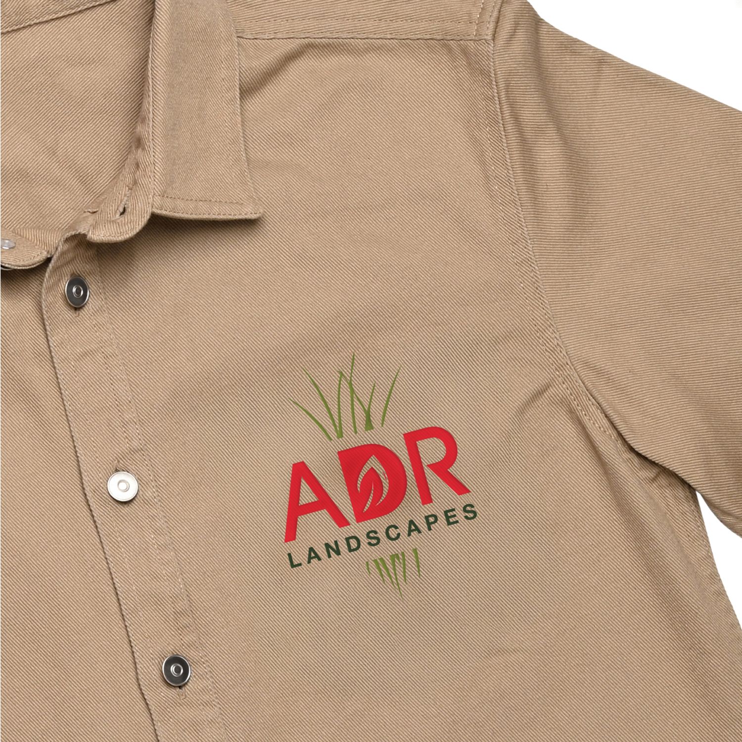 Khaki colored polo shirt mockups displaying landscaping company logo designs.
