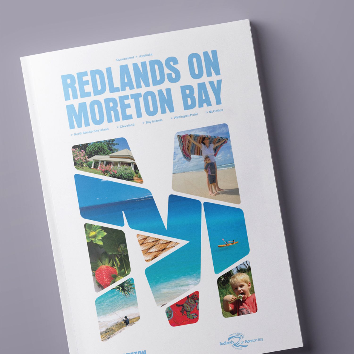Redlands on Moreton Bay travel brochure featuring collaged photos of beaches, nature, and families in Queensland, Australia.