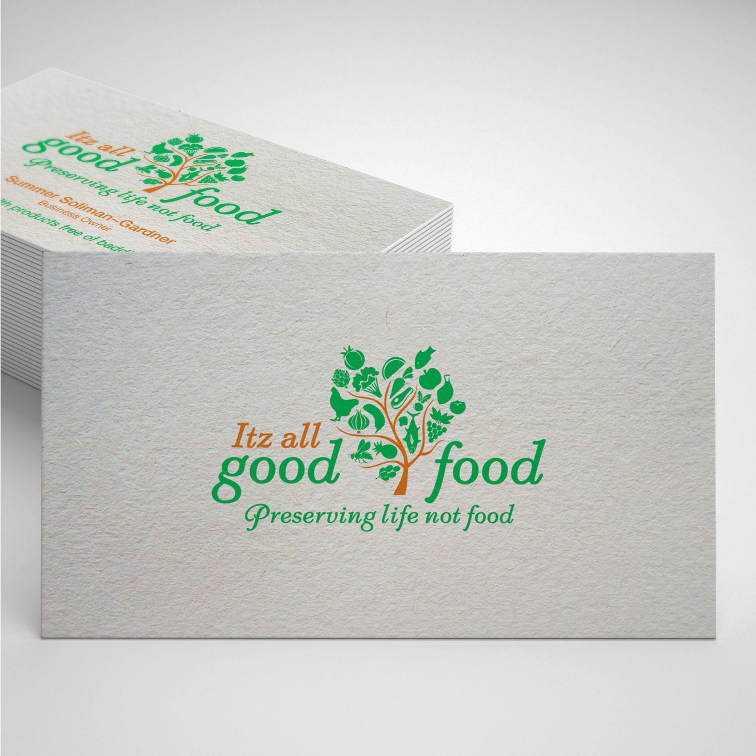 Green eco-friendly food brand identity with tree logo and tagline on textured paper.