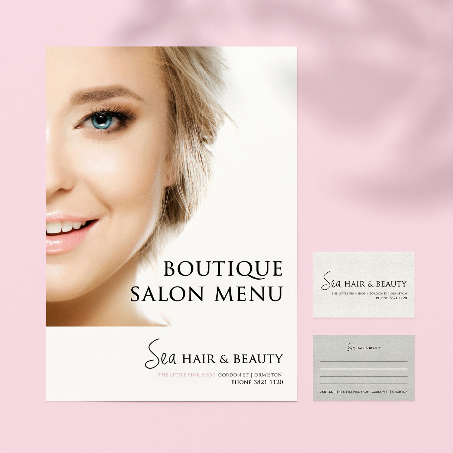 Beauty salon menu and business card design with pink background and elegant typography.