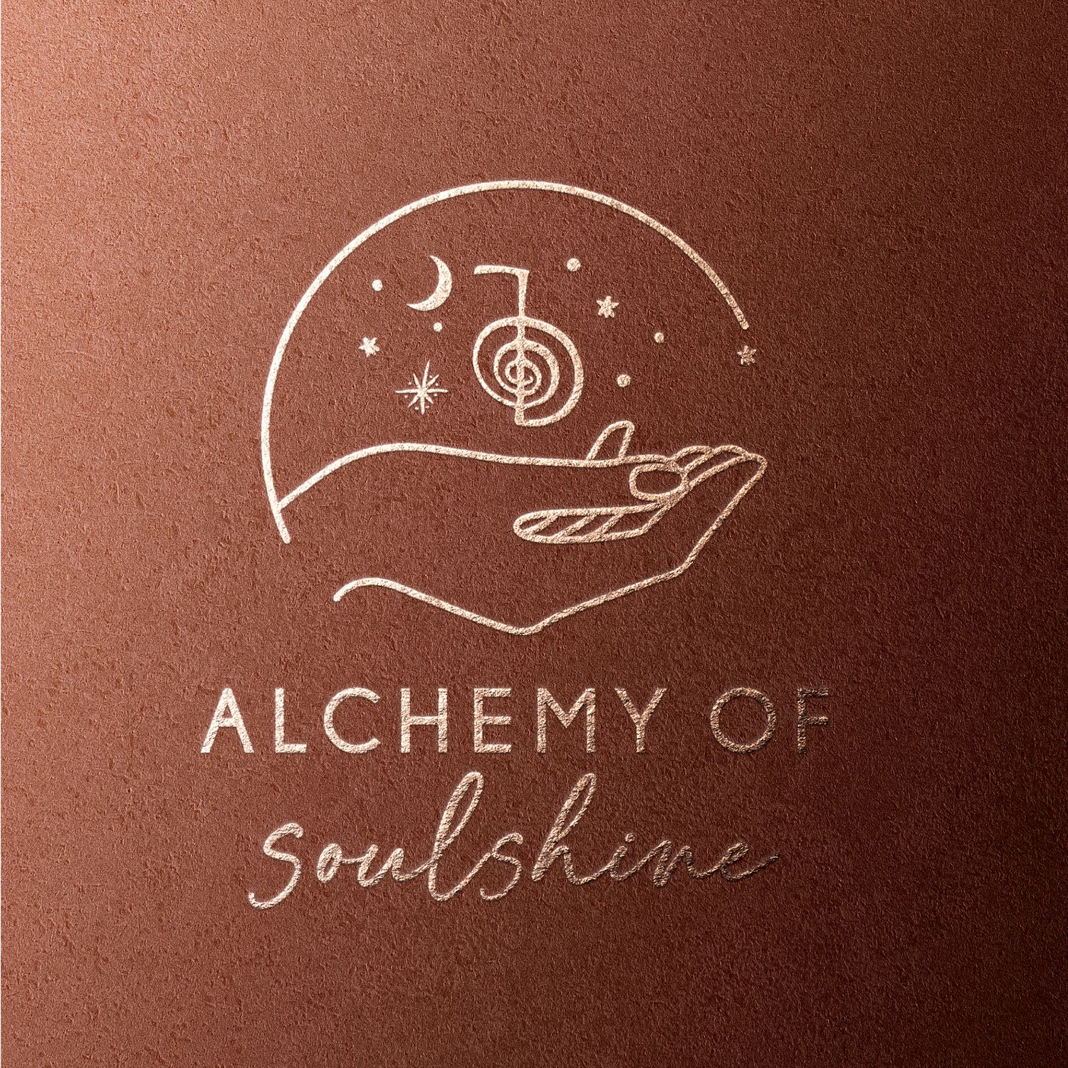 Mystical hand-drawn logo for Alchemy of Soulshine with celestial elements on brown background.