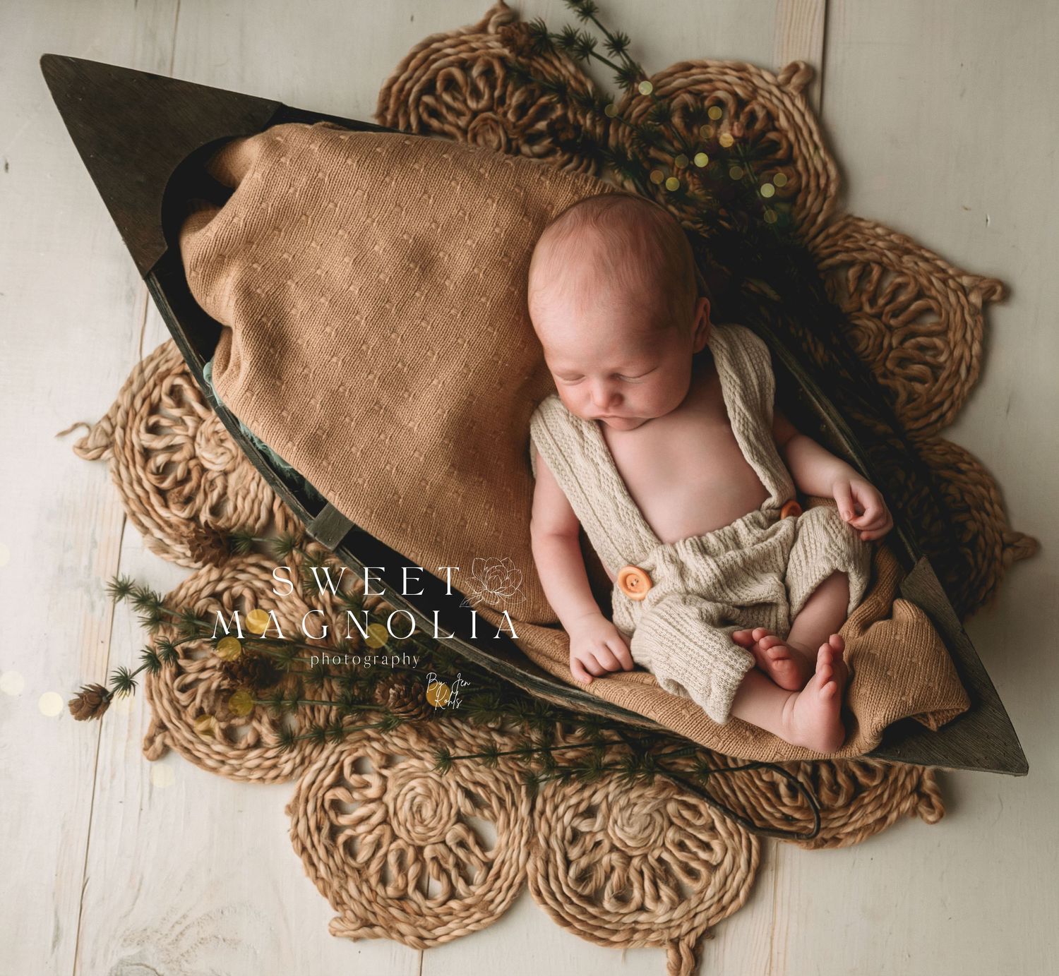 Artistic newborn portraits on textured brown doily with natural styling.