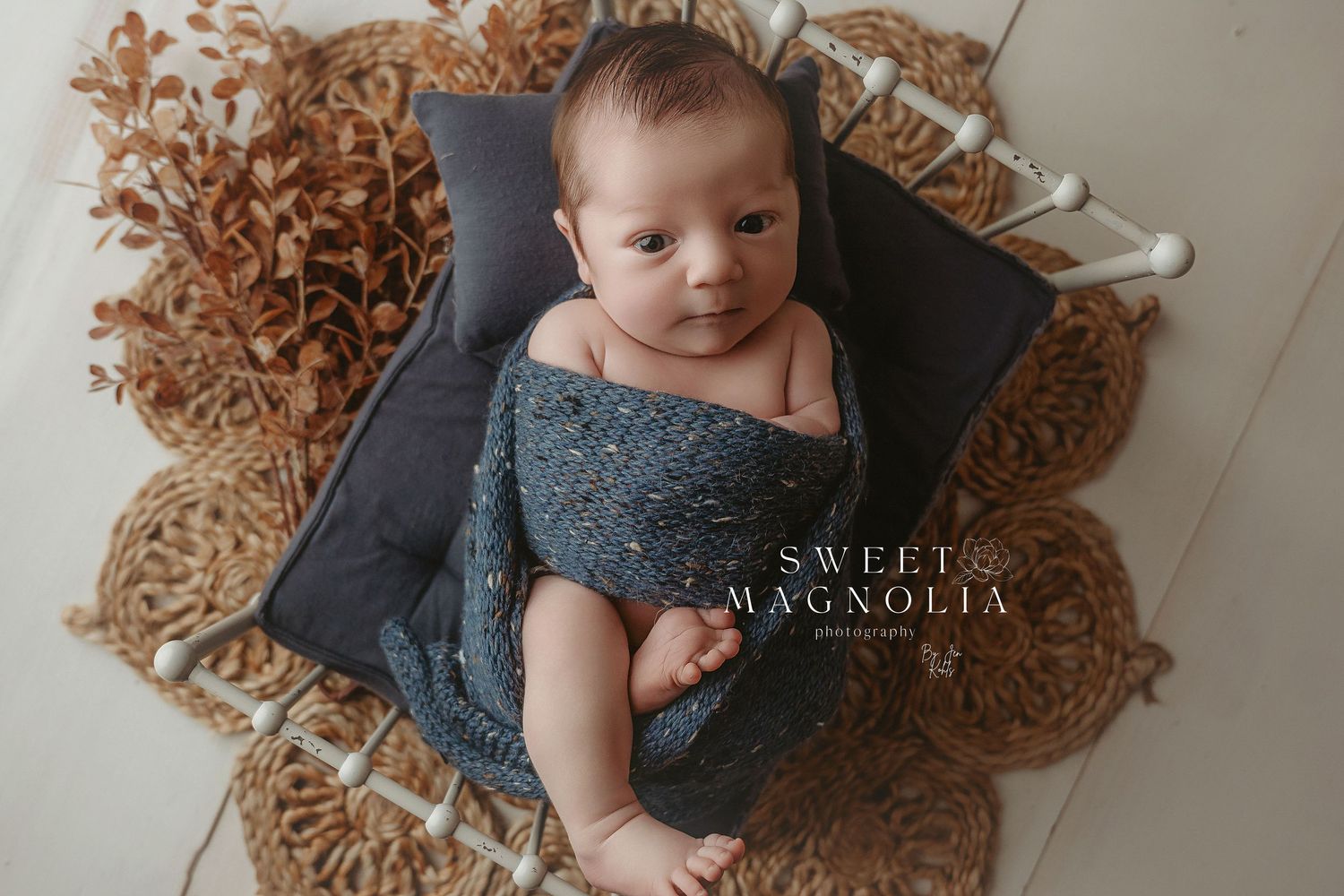 Professional studio portrait with charcoal gray wrap and natural lighting.