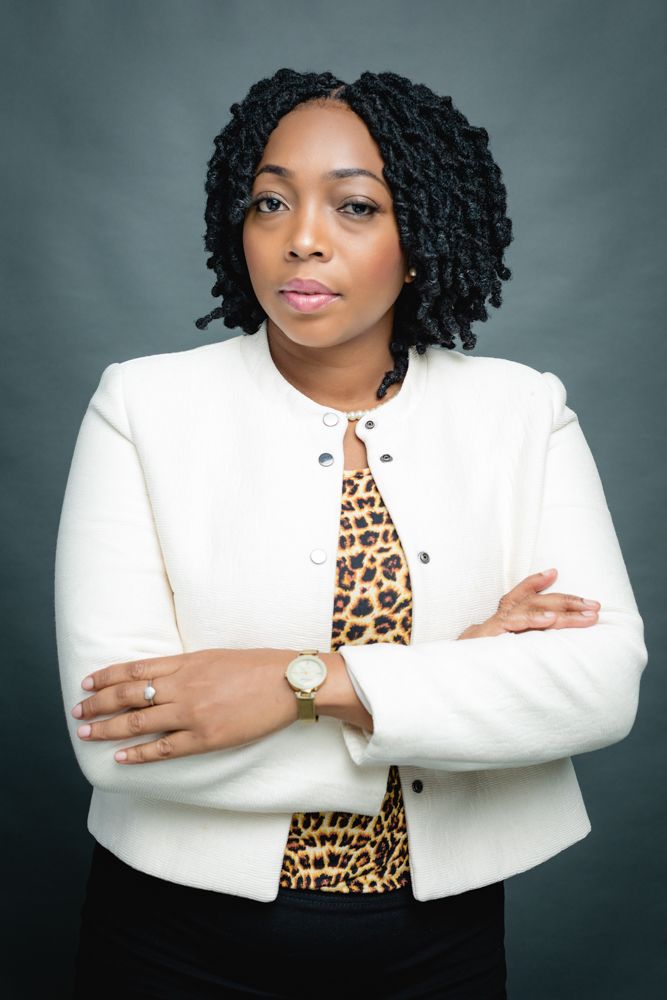 Professional portrait series showing a white blazer and leopard print top against a dark gray studio background.