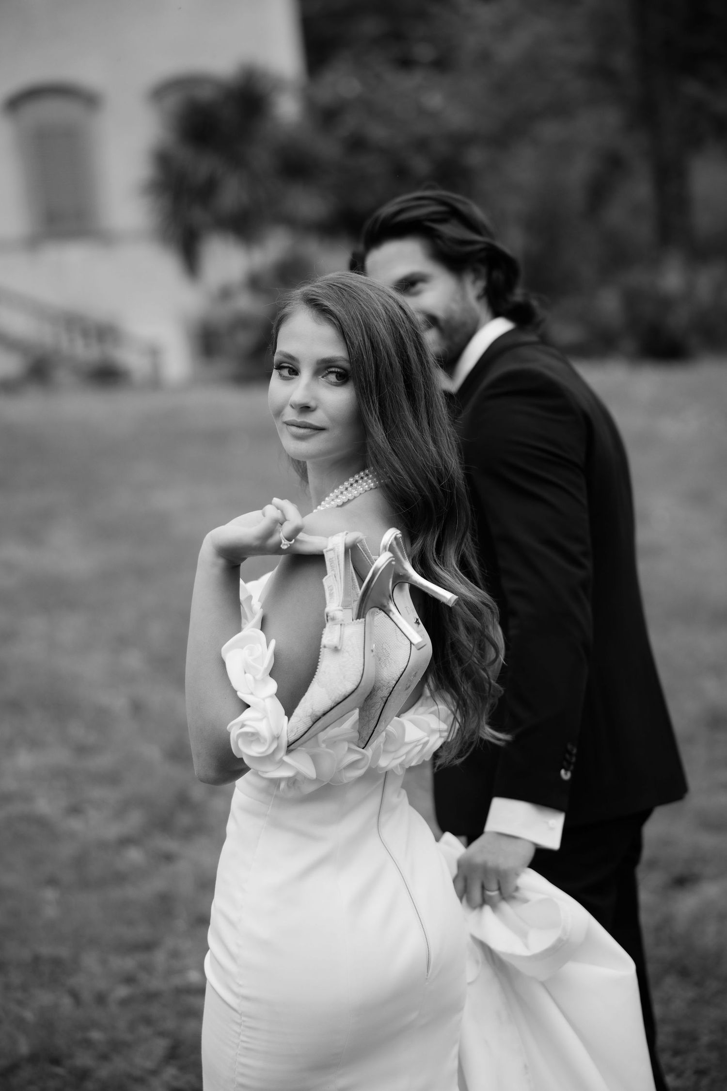 A black and white photo sequence shows a couple in romantic poses with the bride wearing a white dress and flowing hair.