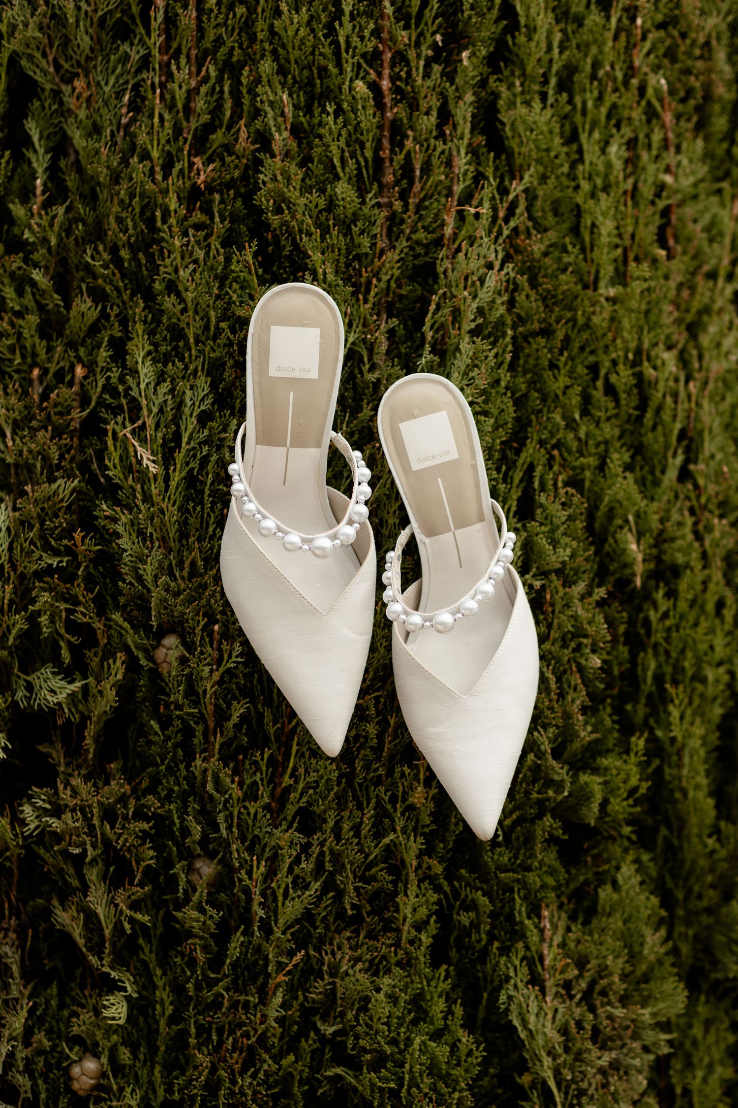 White bridal mules with pointed toes and pearl embellishments displayed against green hedge foliage.