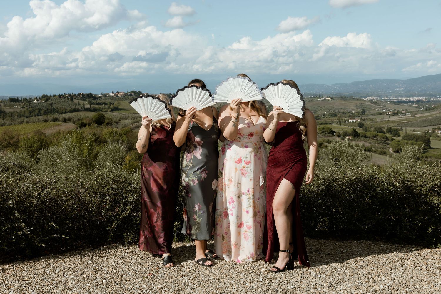 Wedding party in burgundy and blush dresses stands together against a scenic Tuscan countryside landscape.