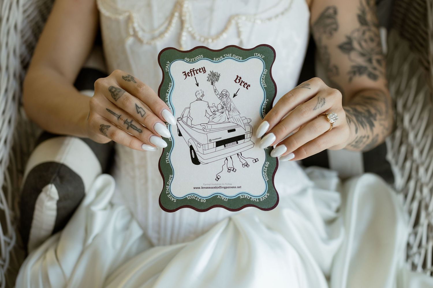 Close-up shots of hands holding ornate wedding announcement signs with decorative borders.