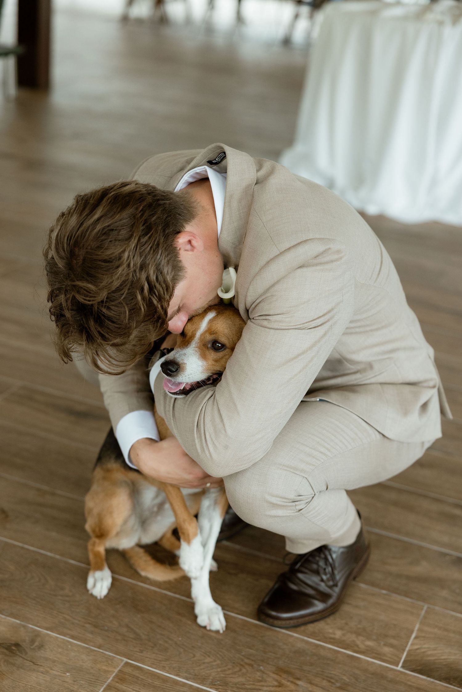 A person in beige clothing crouches down to embrace a brown and white dog on a hardwood floor.