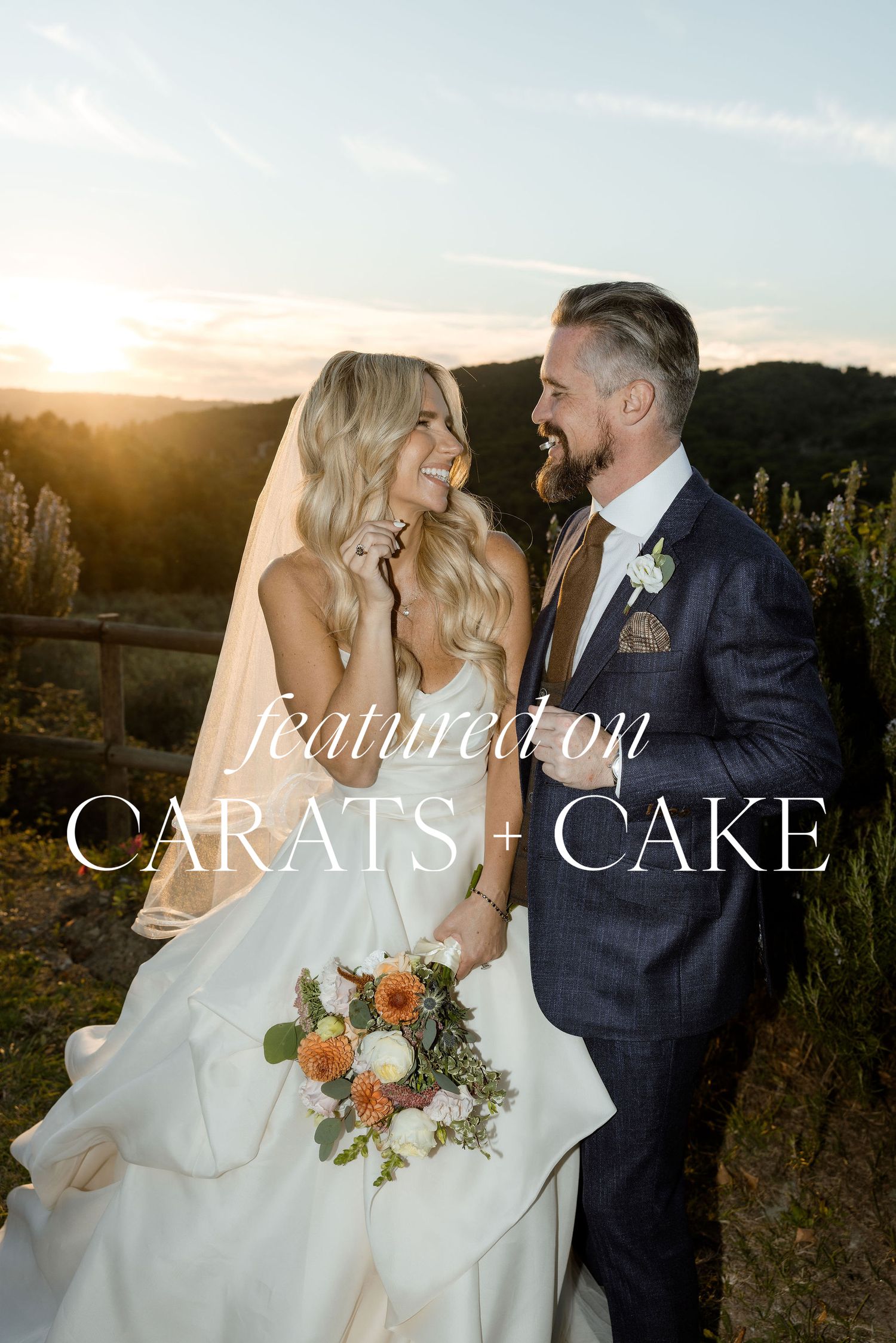 A romantic wedding couple shares tender moments at sunset in a field with orange and white floral bouquet.