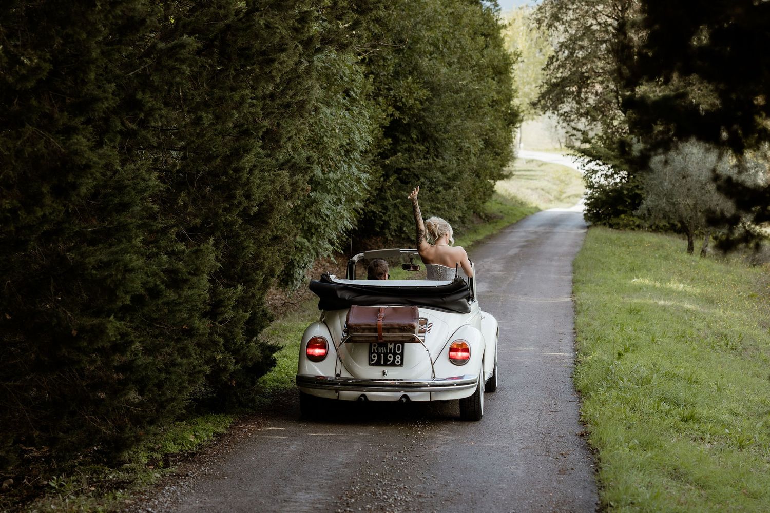 A silver car drives down a winding forest road lined with green trees and grass on a sunny day.