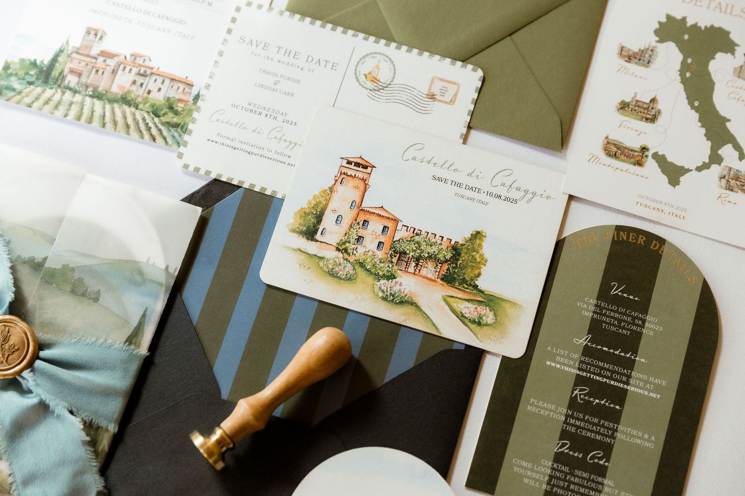 Wedding invitation suite with olive green envelopes, gold wax seals, and floral design elements laid out on a white surface.