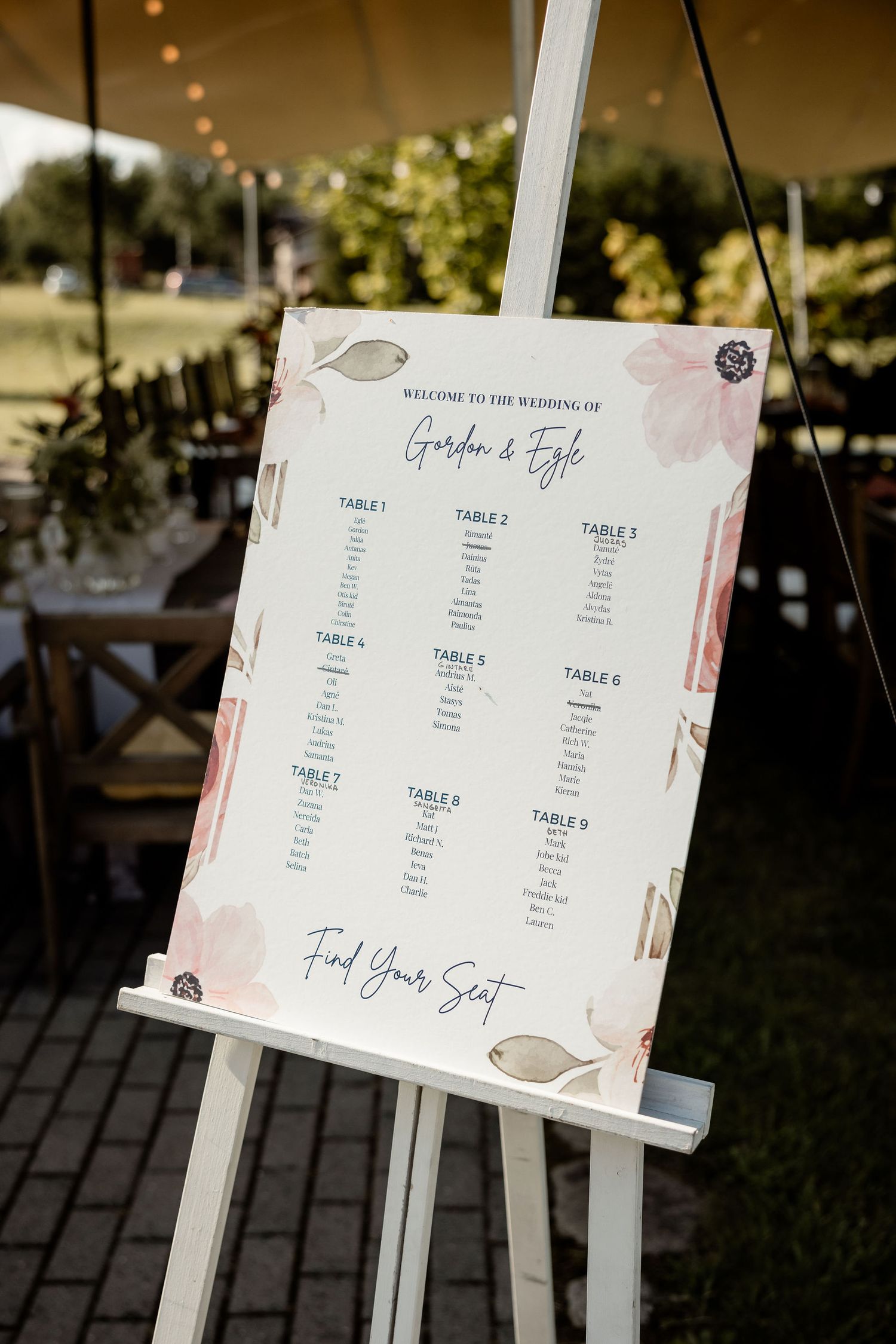 Wedding seating chart displayed on white easel with delicate floral design and table numbers.