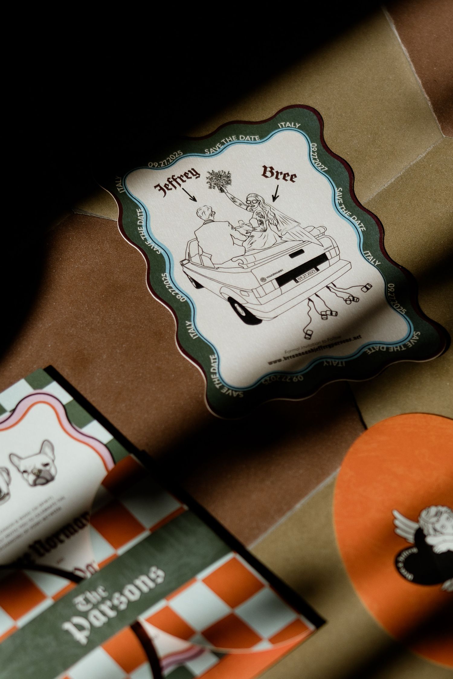 Close-up shots of decorative paper labels or cards with whimsical illustrations and text in teal and orange tones.