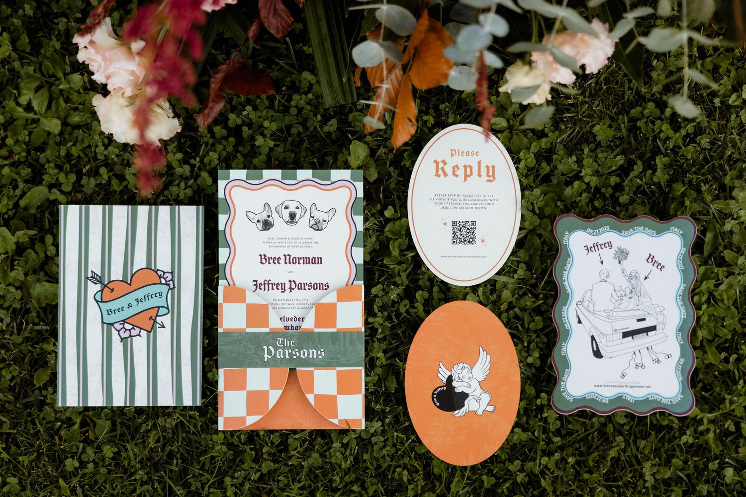 A collection of colorful party invitations and decorative elements arranged on a green leafy background.
