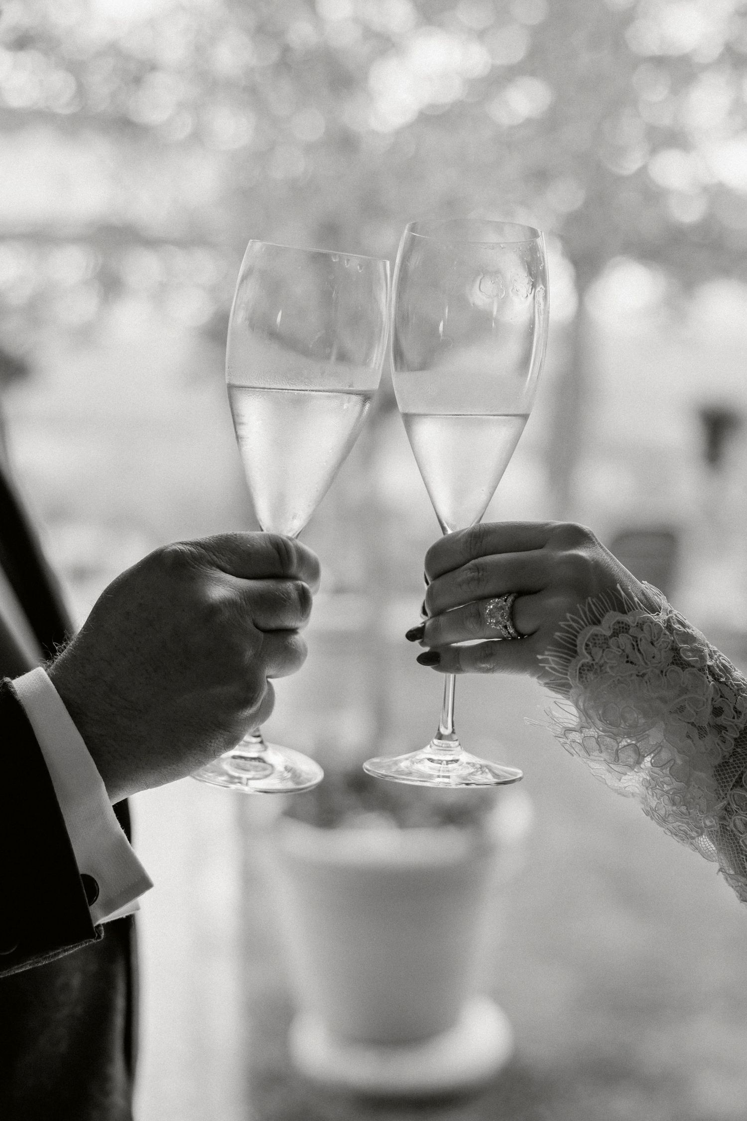 Two hands clink champagne glasses together in an elegant black and white toast photograph with soft bokeh background.