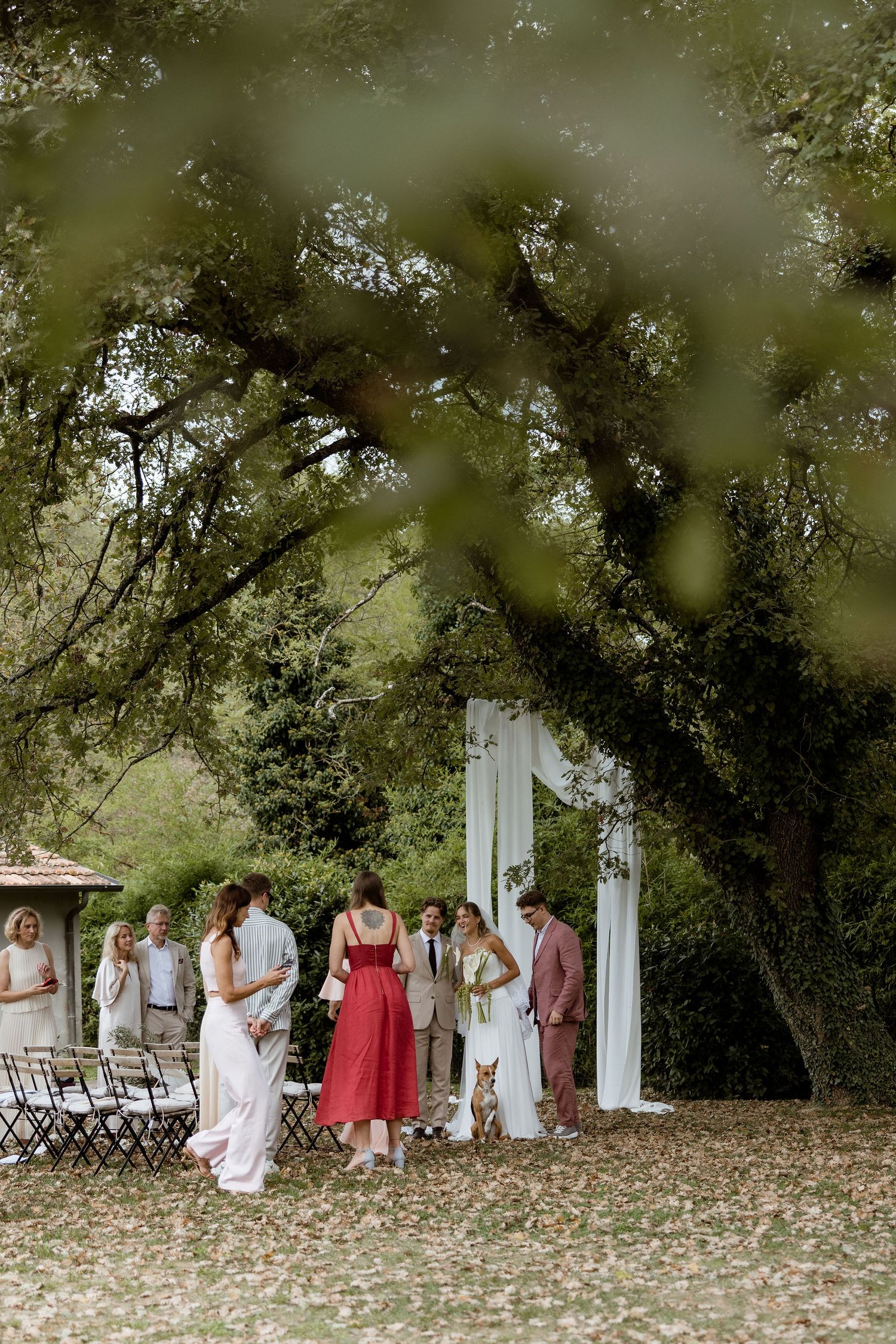 A wedding ceremony takes place outdoors under trees with guests gathered around white pillars.