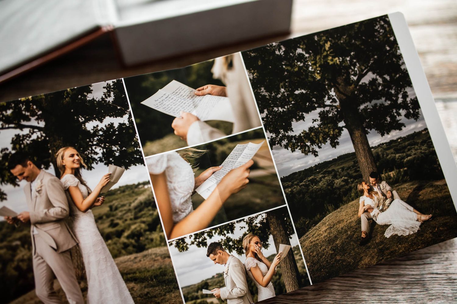 A collection of wedding photos displayed together showing outdoor ceremony and romantic moments at a scenic hilltop location.