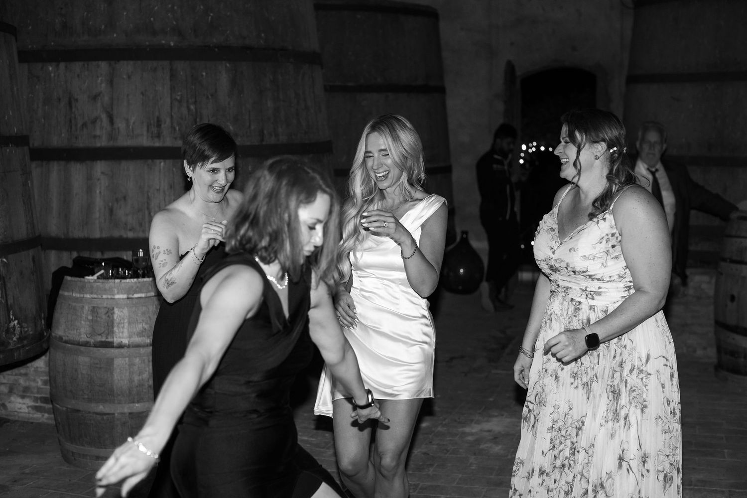 A black and white photo strip showing multiple candid party moments with people dancing and socializing.