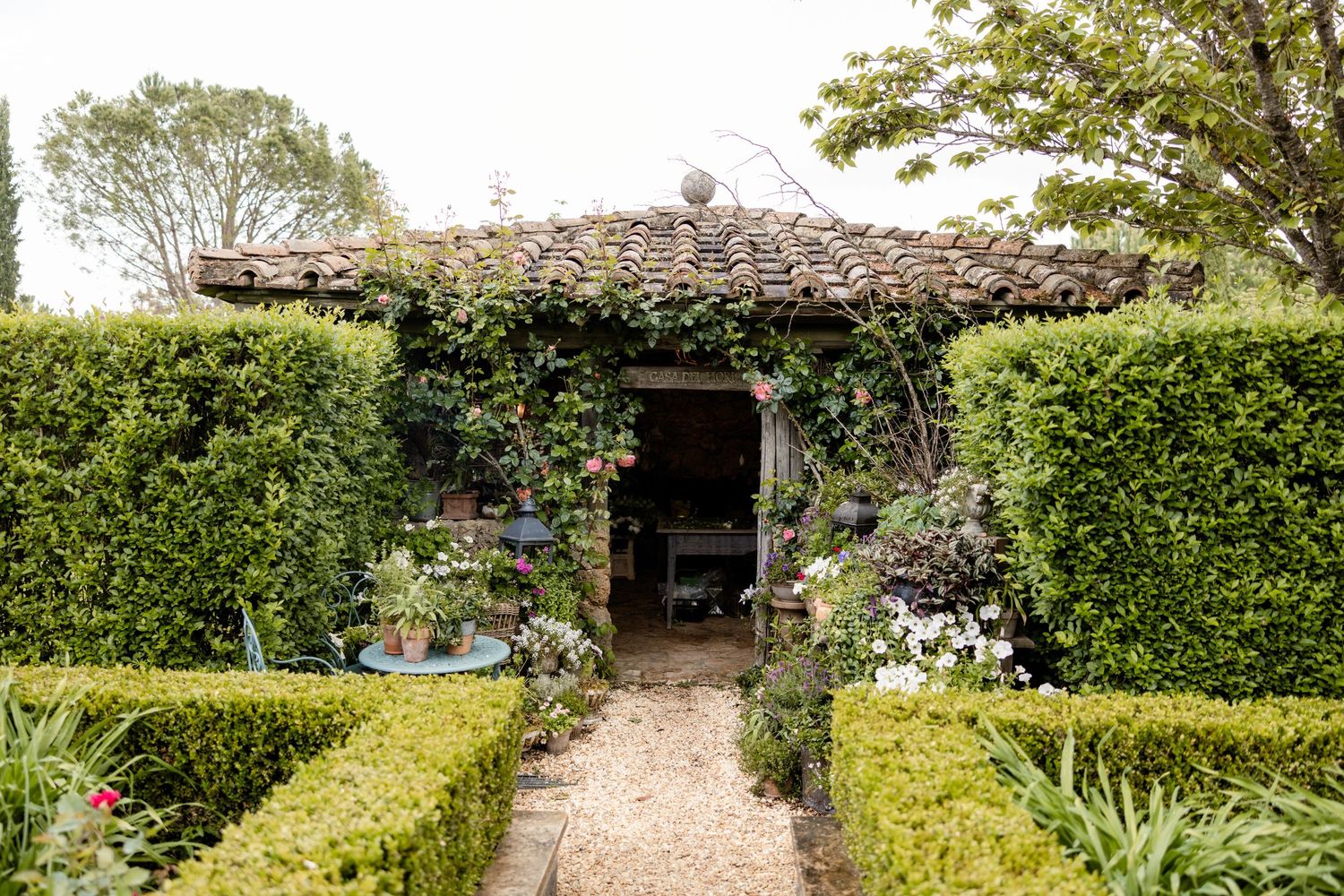 A charming garden path leads to a rustic cottage entrance with climbing vines and manicured hedges in an English garden setting.
