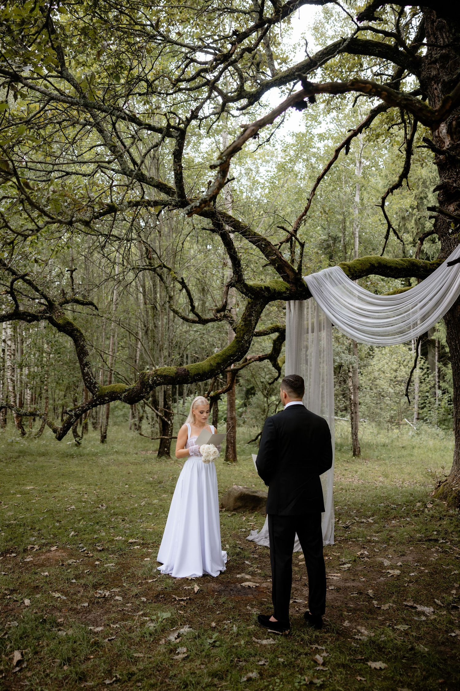 A ceremony setup in a forest with white fabric arch and mossy tree branches overhead.