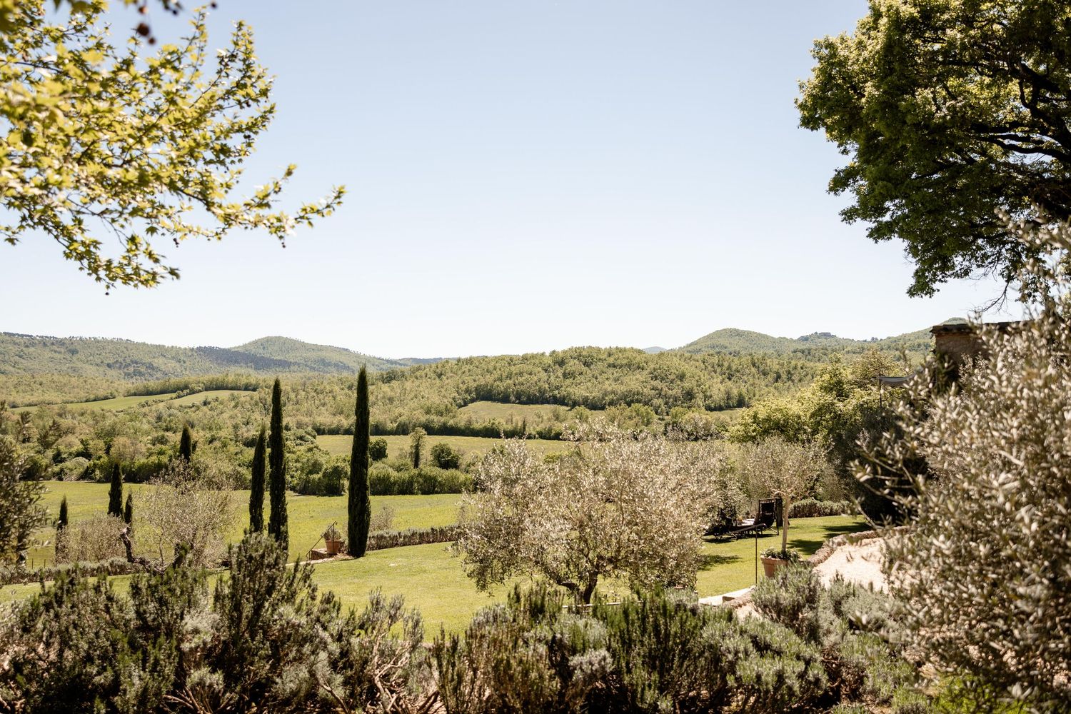 Scenic Tuscan countryside landscape with rolling hills, cypress trees and olive groves stretching into the distance.