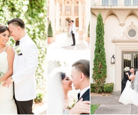 Romantic wedding photos captured at an elegant venue with classical architecture and lush greenery.