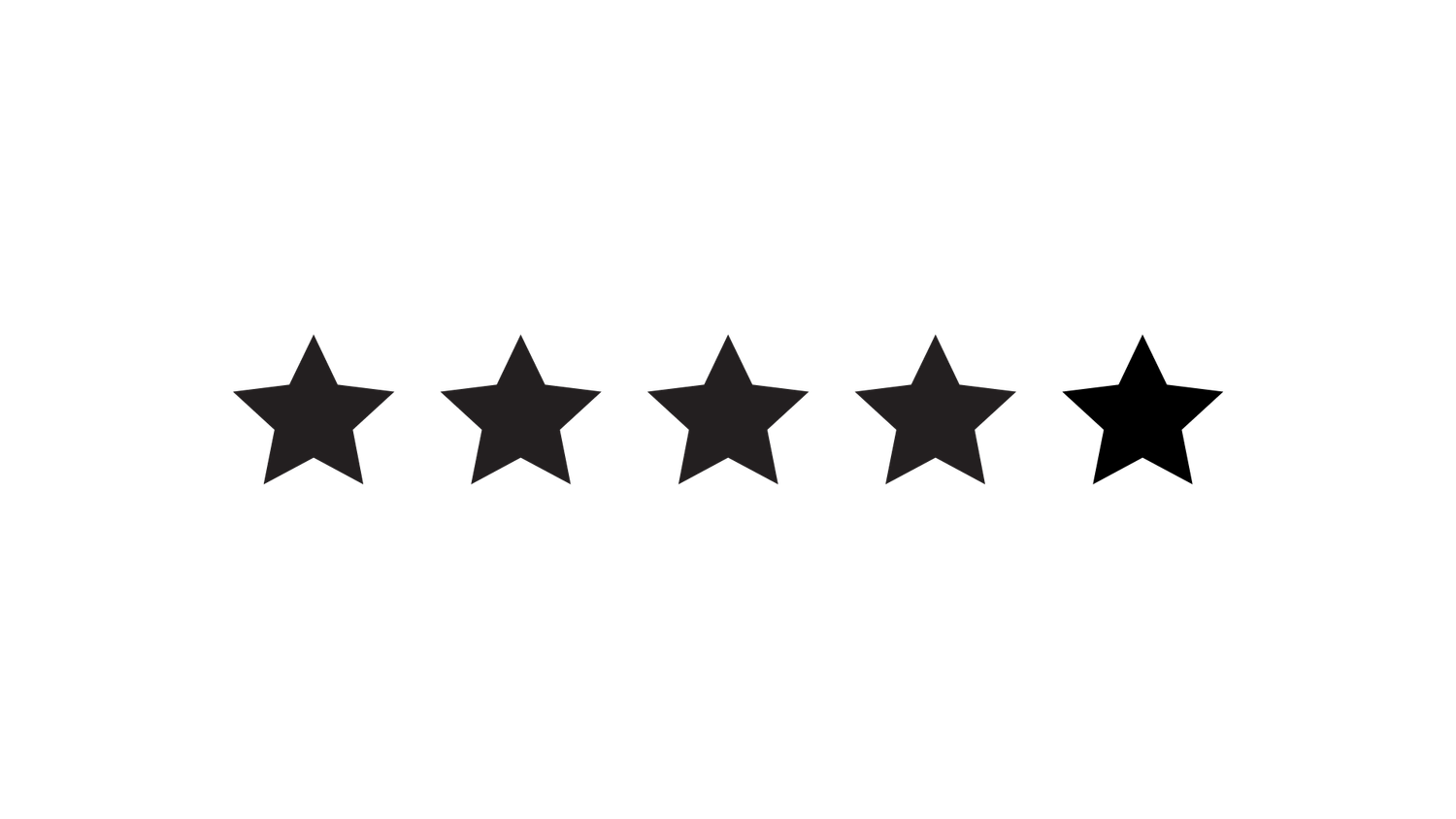 Five black star shapes arranged in a row against a white background create a simple rating display design.