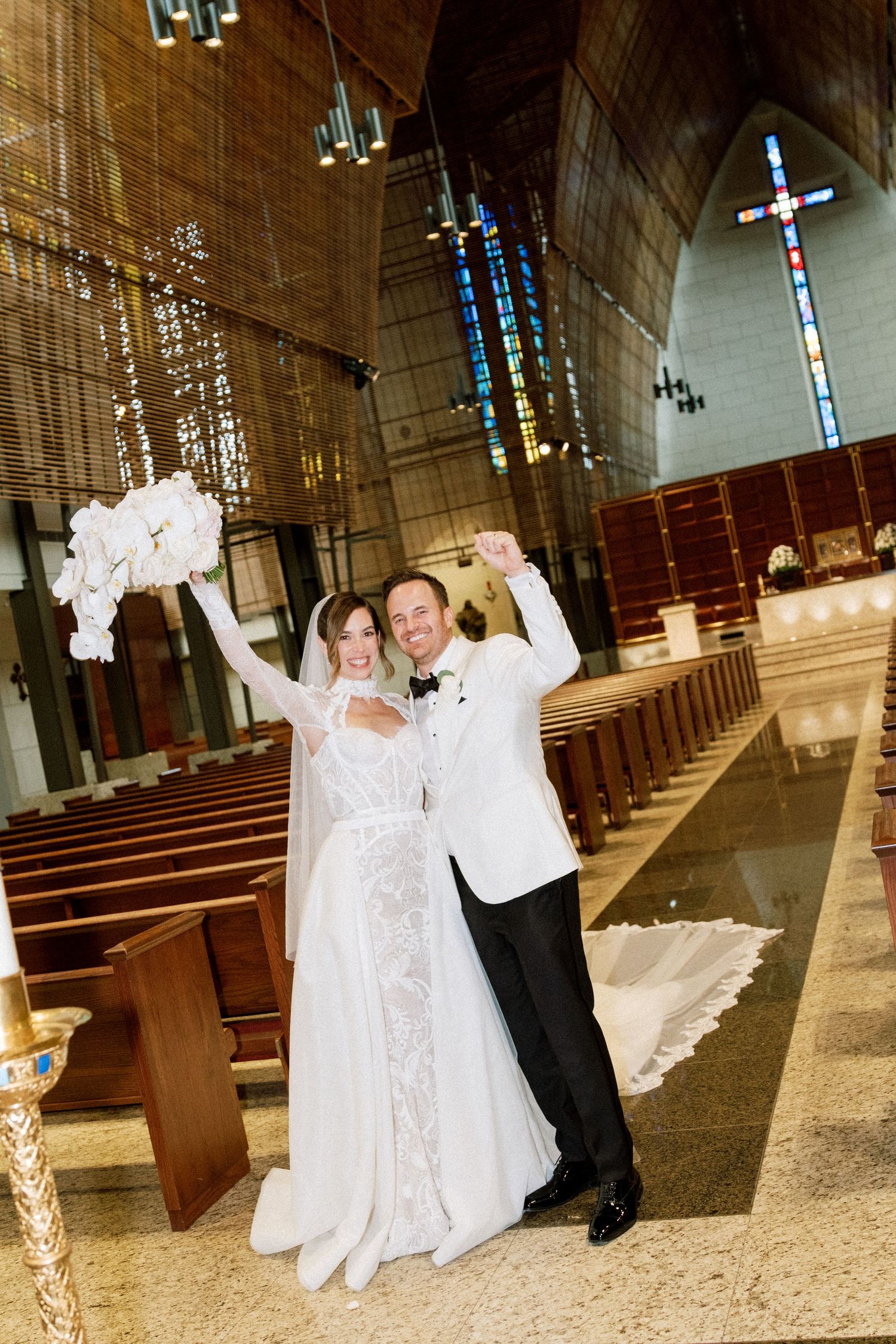 A sequence of five photos showing a wedding couple posing playfully in a church with stained glass windows and wooden pews.
