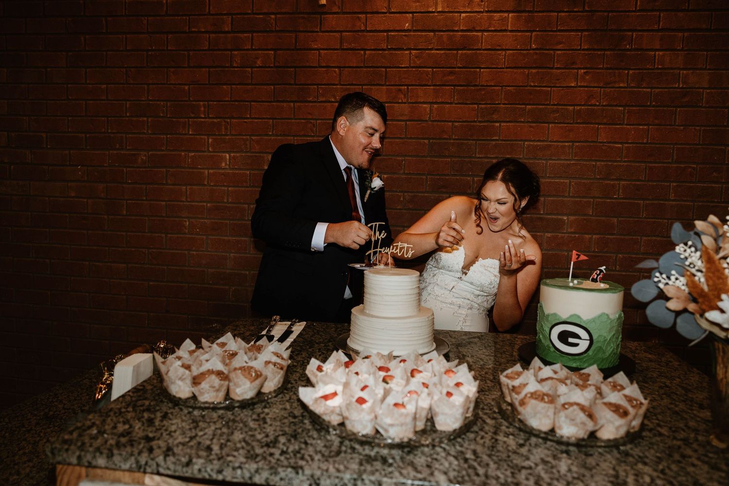 A series of wedding cake photos showing cutting, serving, and display of white tiered cakes at a reception venue.