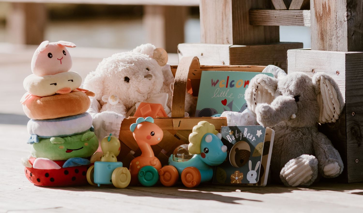 A collection of colorful plush toys and stuffed animals arranged on a wooden floor at Lake Toccoa in North Georgia.