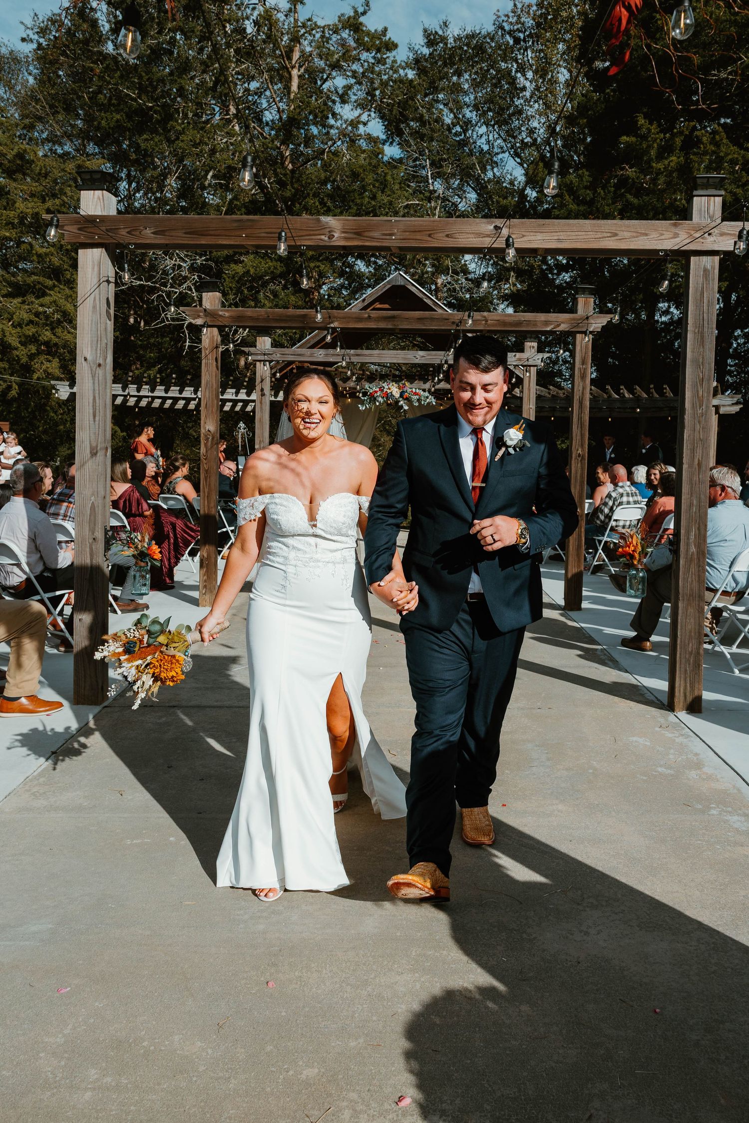 A series of photos showing a couple walking together during an outdoor wedding ceremony.