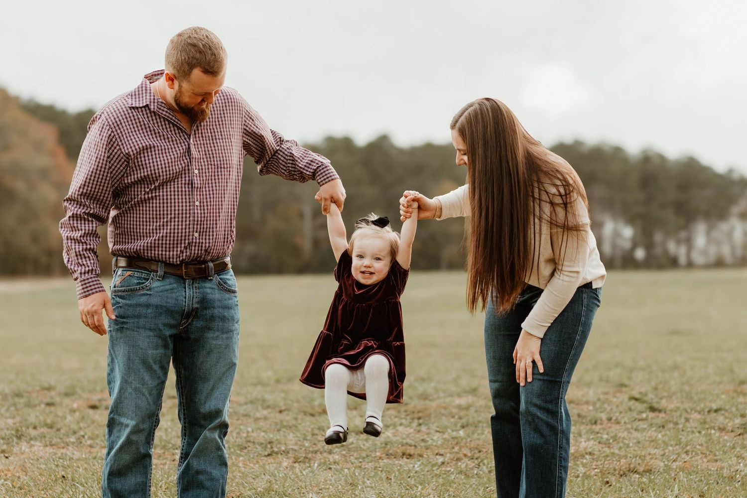 Playful family moments captured in sequence across autumn field setting in northeast Georgia.