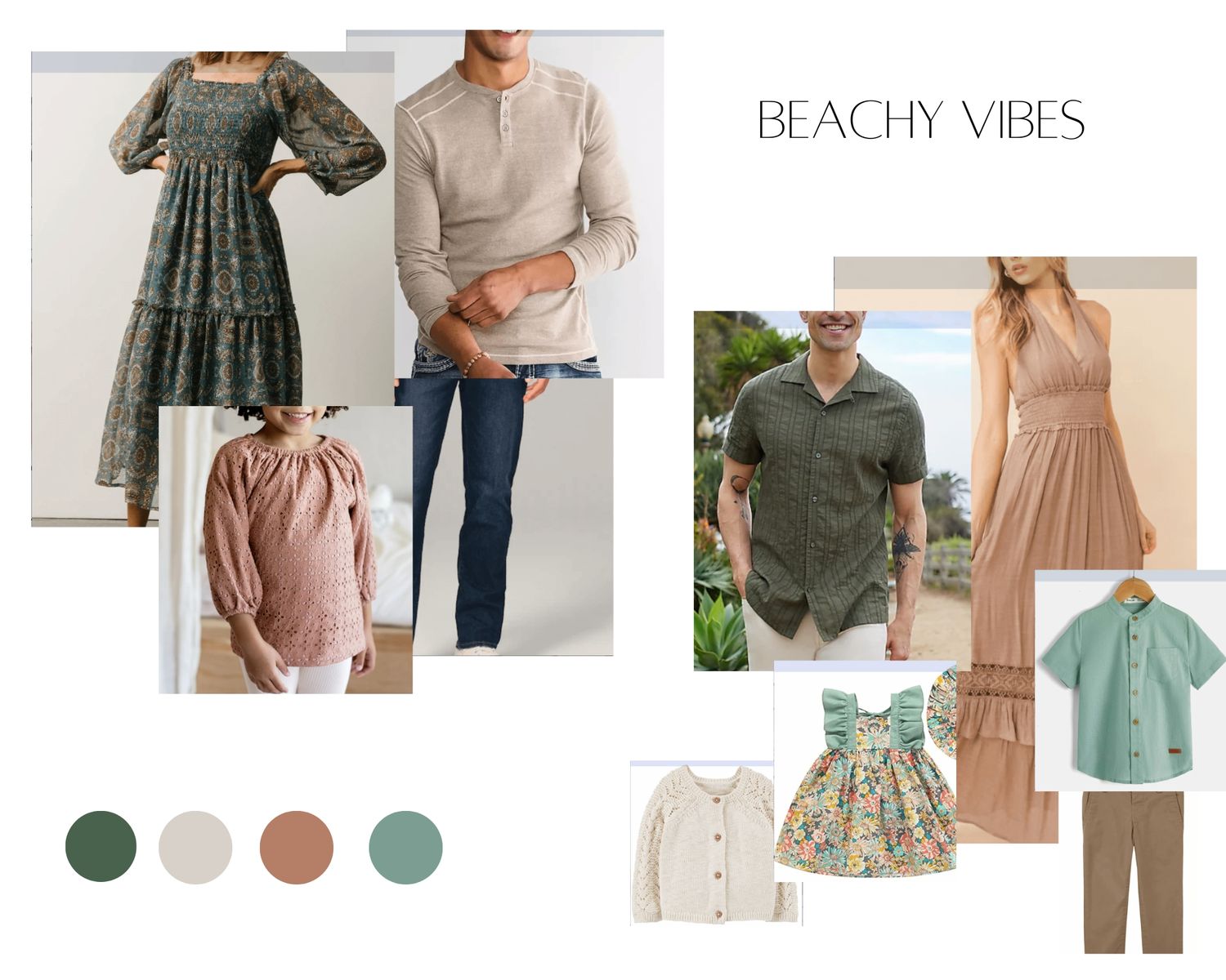 Beachy vibes family photo outfit inspiration featuring earthy tones, florals, and coordinating styles for all ages.