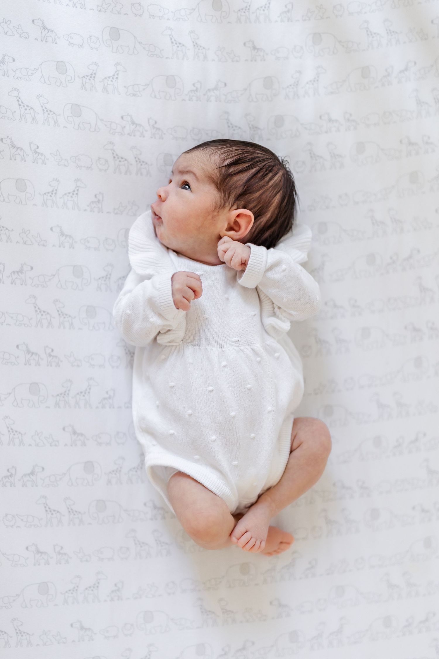 Minimalist newborn photography against white textured backdrop showing different angles and poses.