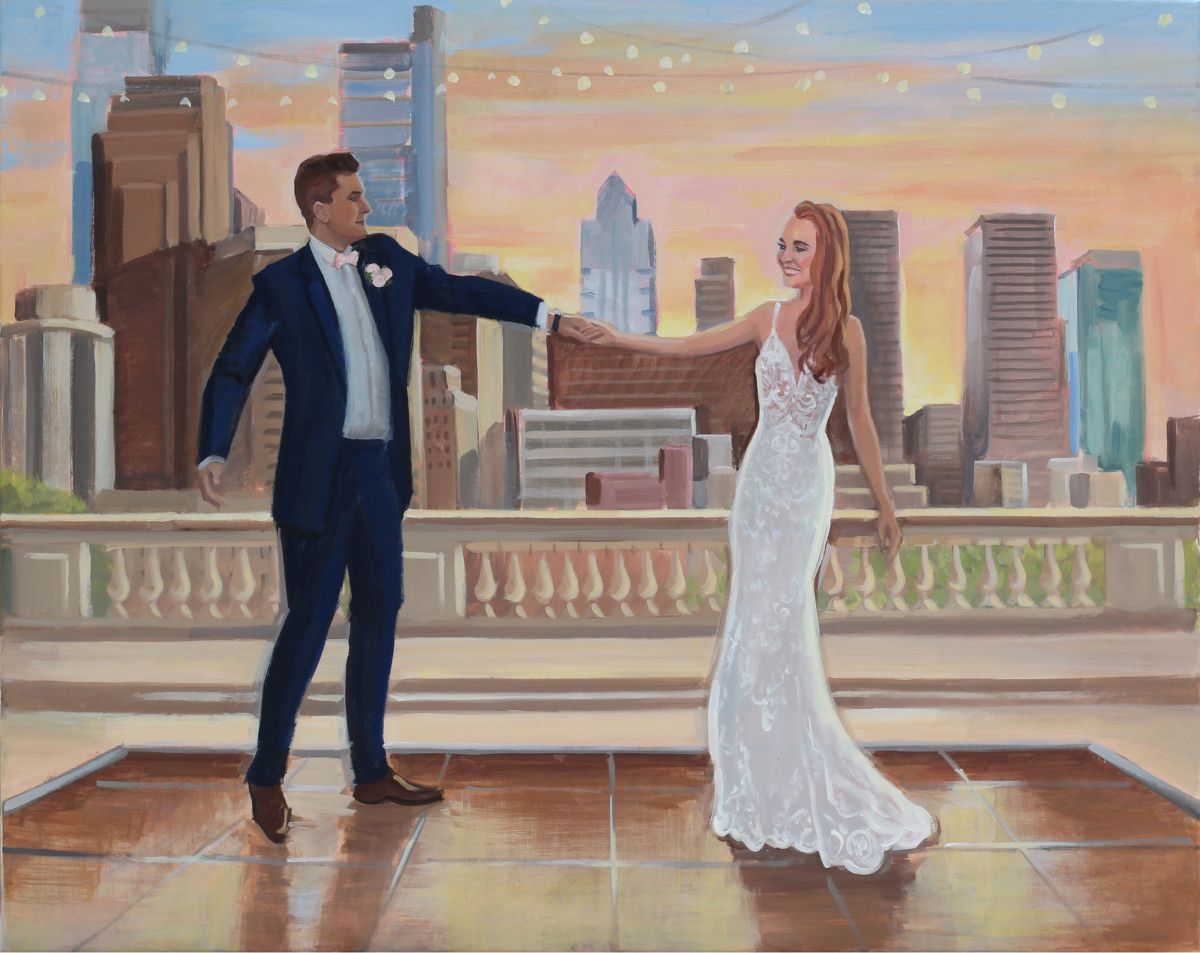 Painting of bride and groom dancing by the Philadelphia skyline