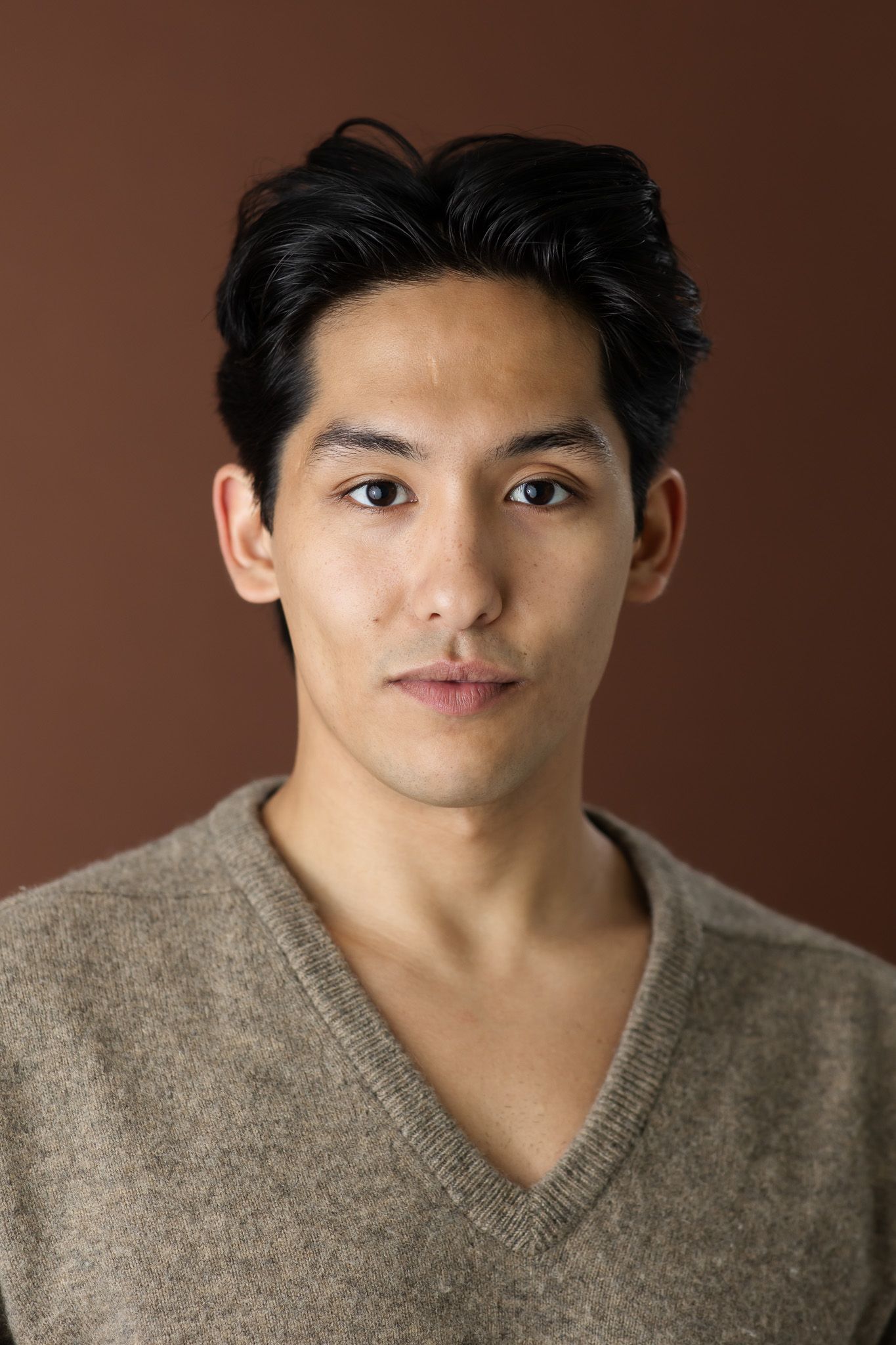 Young man with dark hair wearing a gray v-neck sweater poses against a brown background.