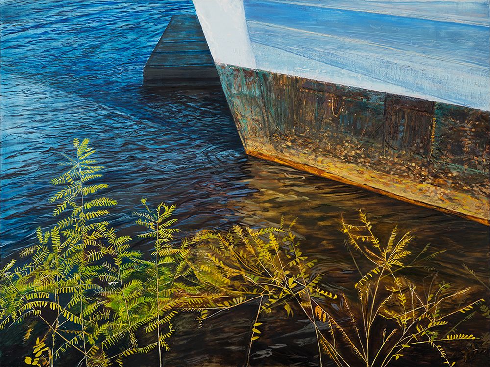 Painting of water and plants by Penn's Landing