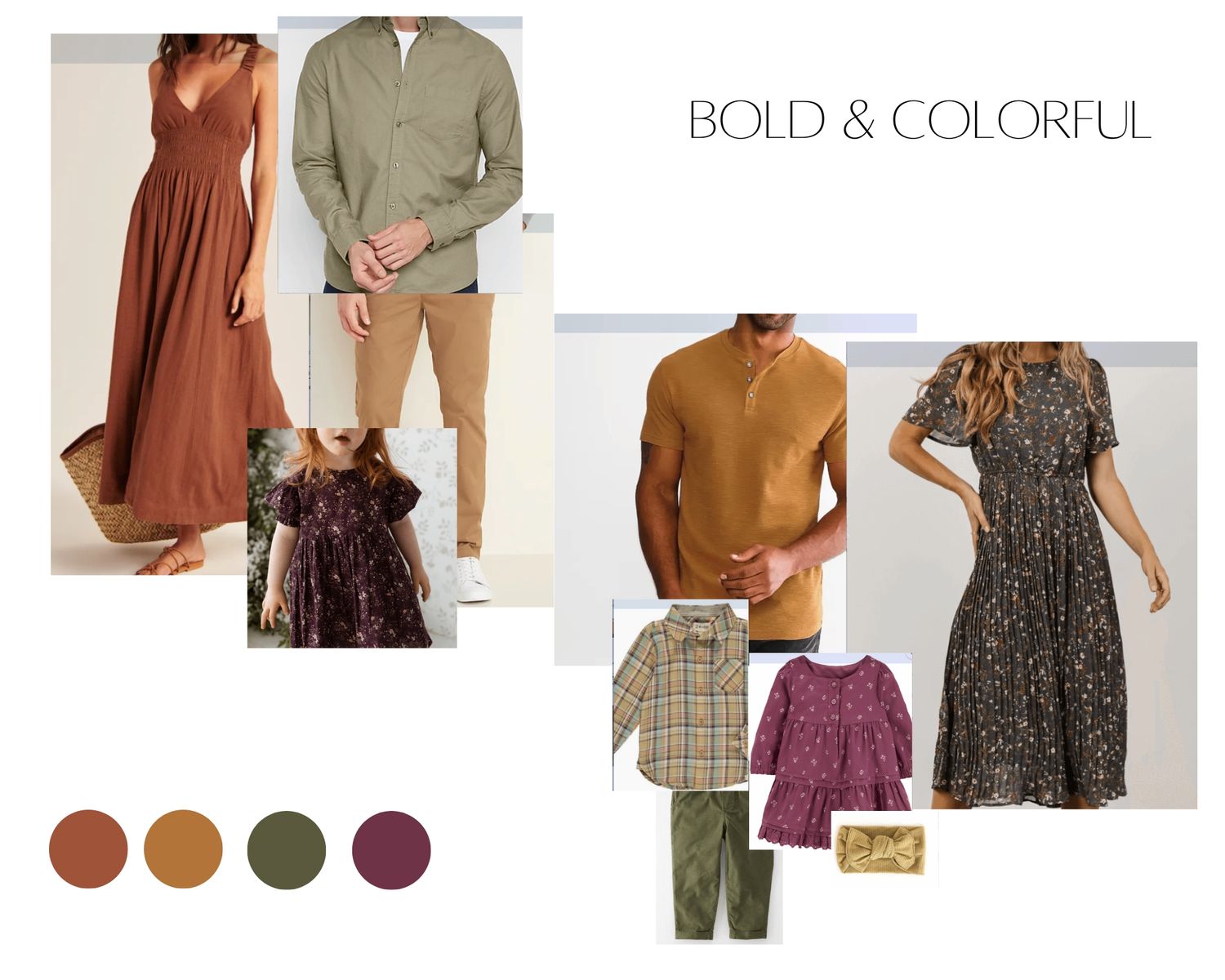 Bold and colorful family outfit inspiration featuring earth tones, burgundy, and olive green coordinated looks for photo sessions.