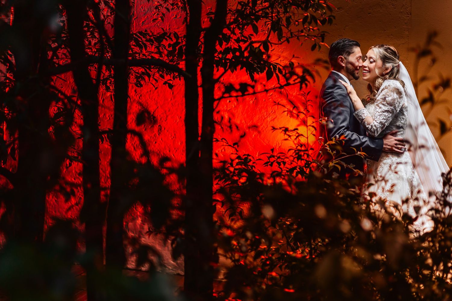 Novios se besan en bosque con dramática luz roja de fondo; novia con velo. Foto boda íntima.