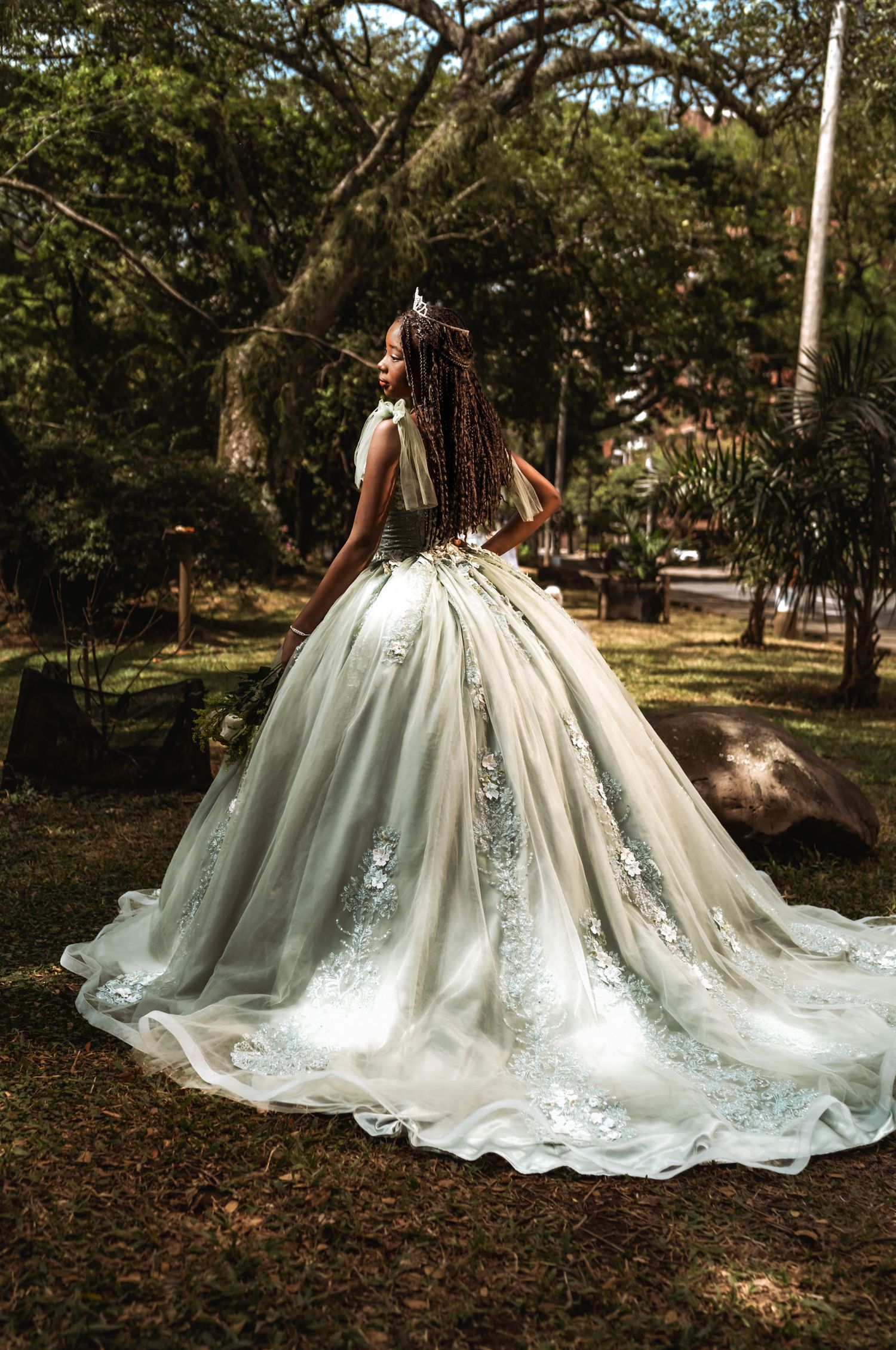 Vista trasera quinceañera con voluminoso vestido princesa (verde/plata) y tiara en parque; pelo largo trenzado.