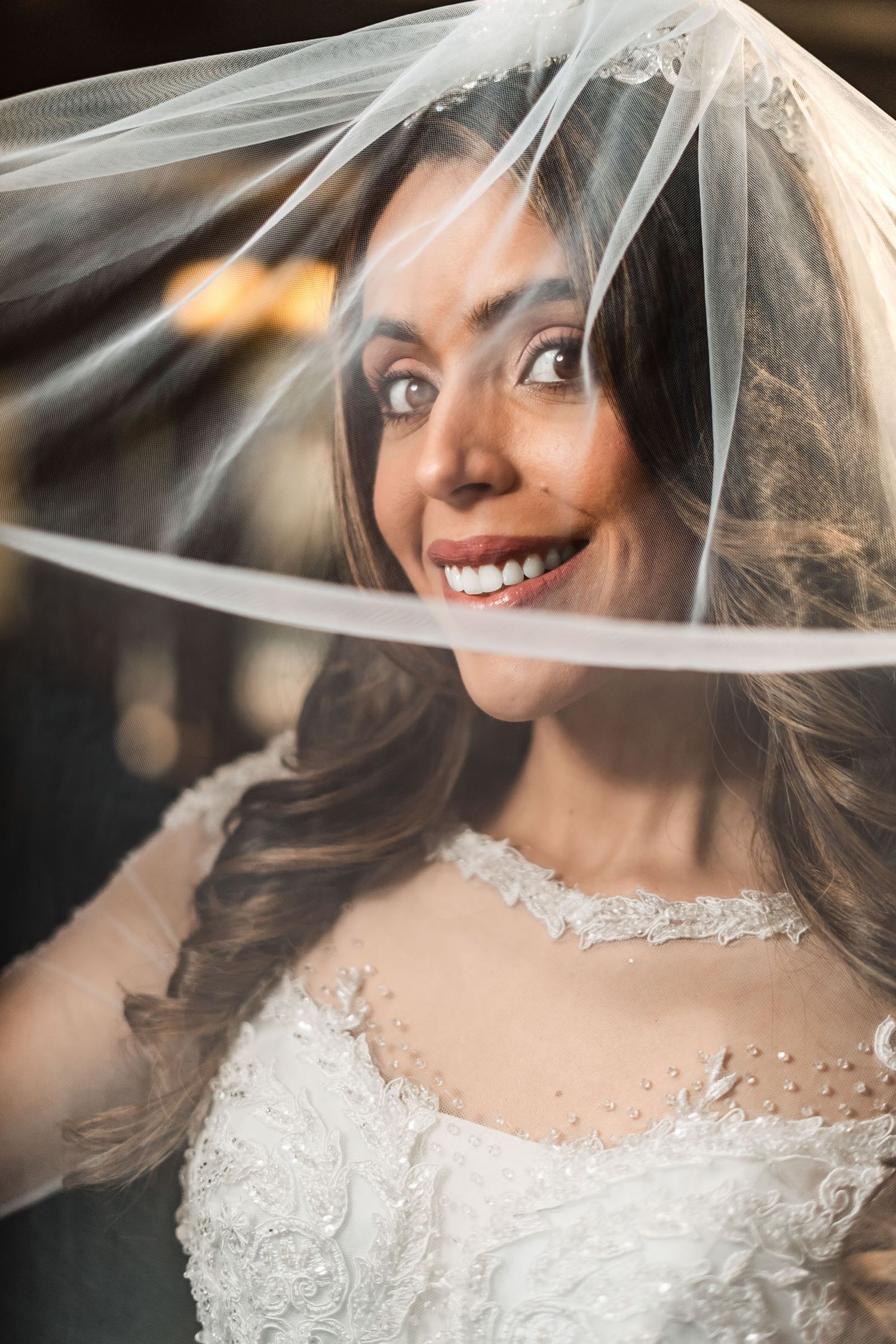 Sonriente novia mirando a cámara bajo velo nupcial semitransparente. Primer plano con luz suave resaltando su rostro y vestido blanco