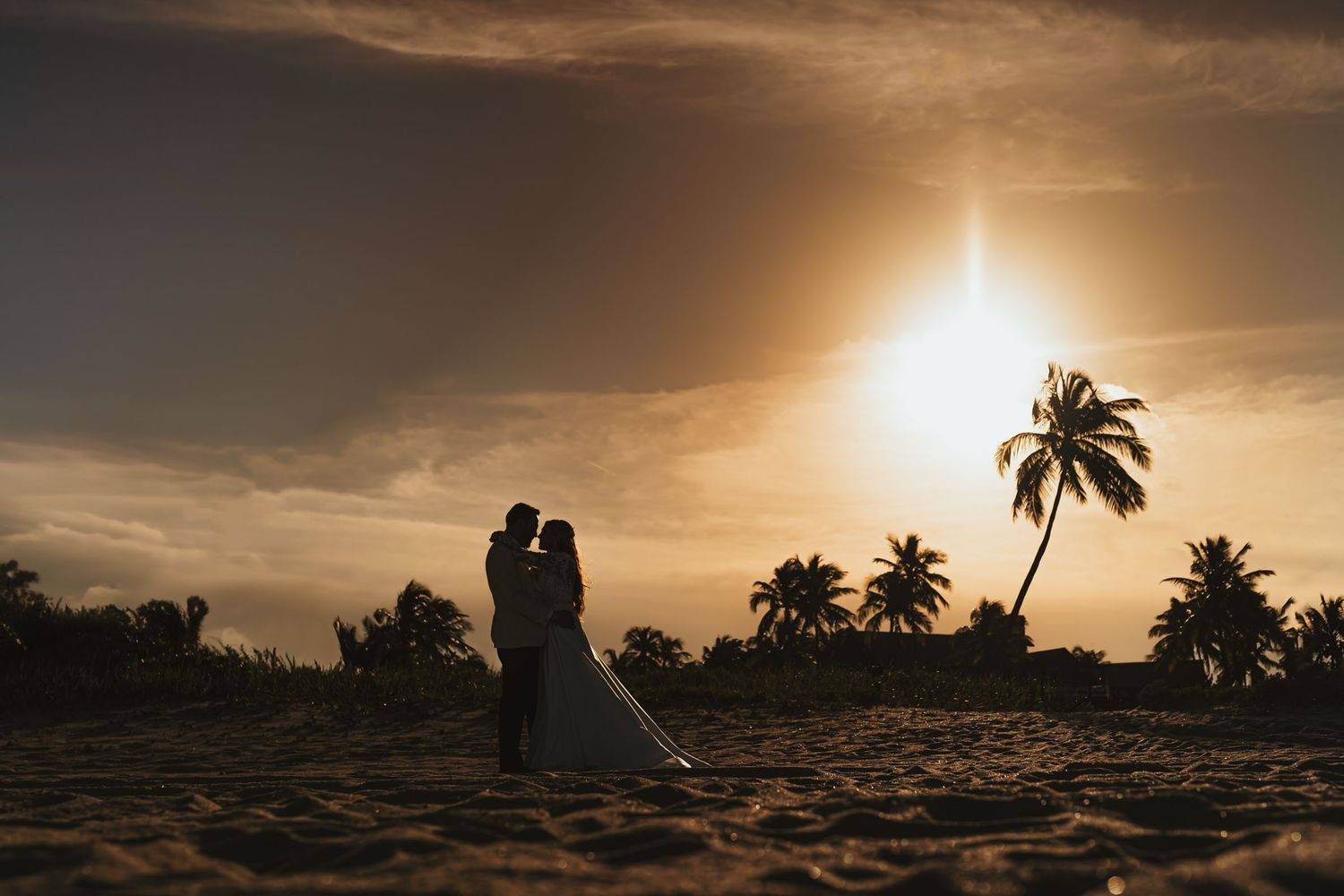 Silueta de novios abrazados frente a atardecer dorado con palmera; foto romántica boda en playa o campo. Boda Miami