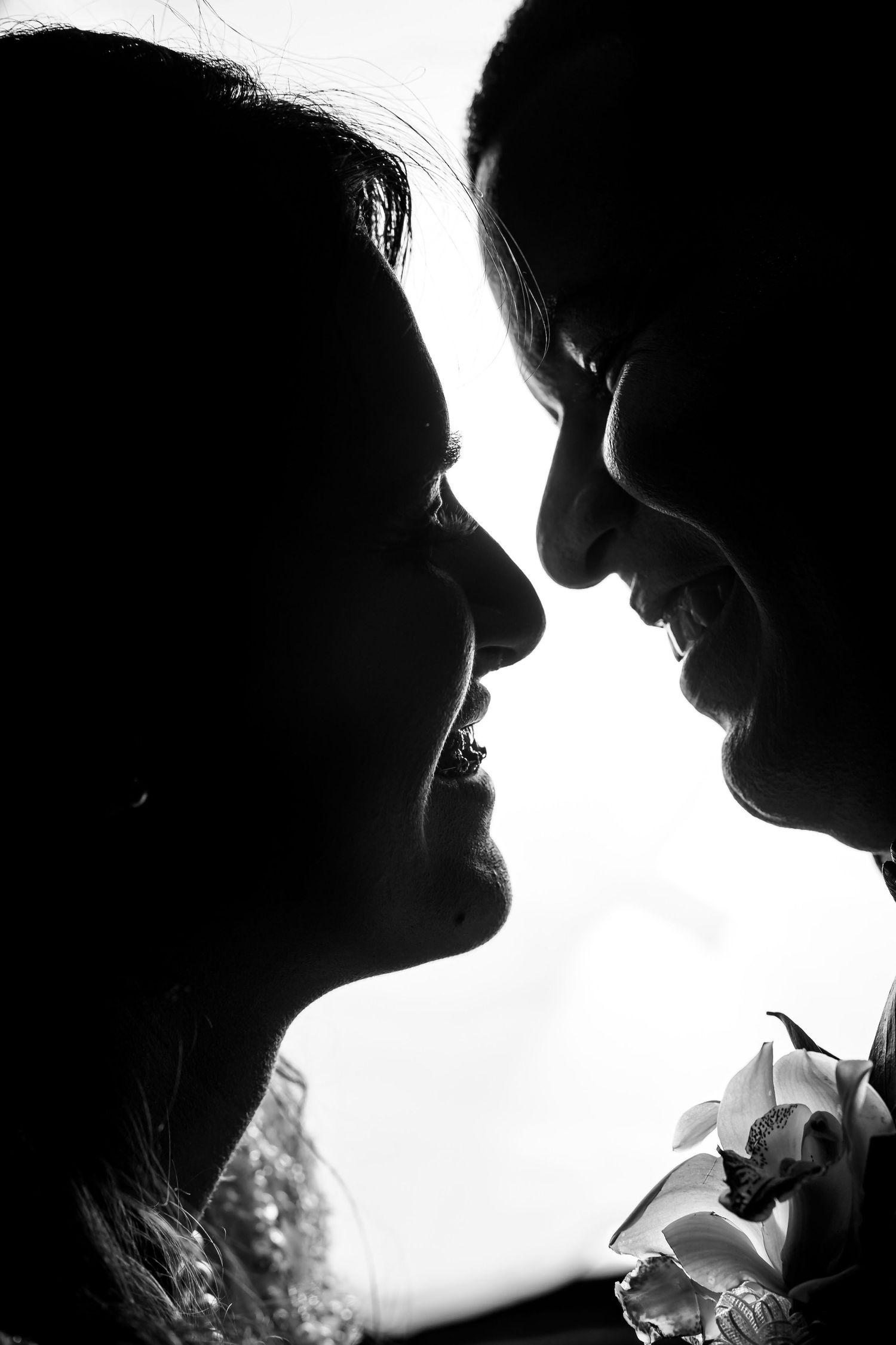 Siluetas en blanco y negro de novios con perfiles juntos, iluminados desde atrás. Foto romántica íntima.