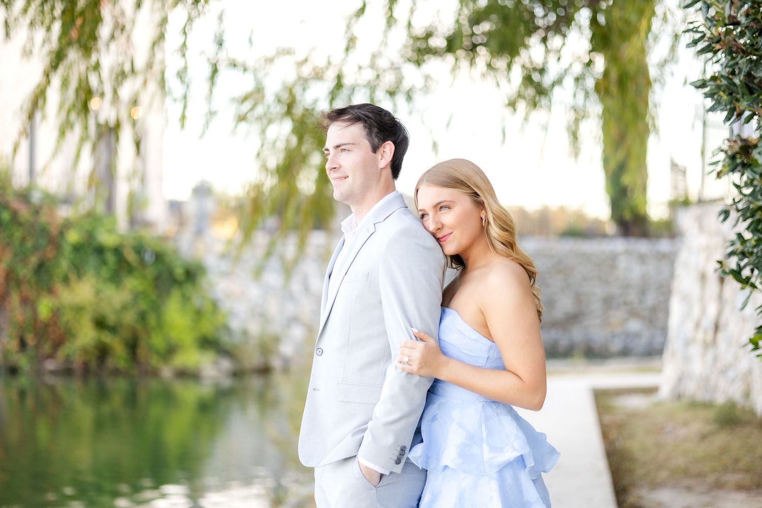 Engaged couple at Adriatica Village in McKinney, TX