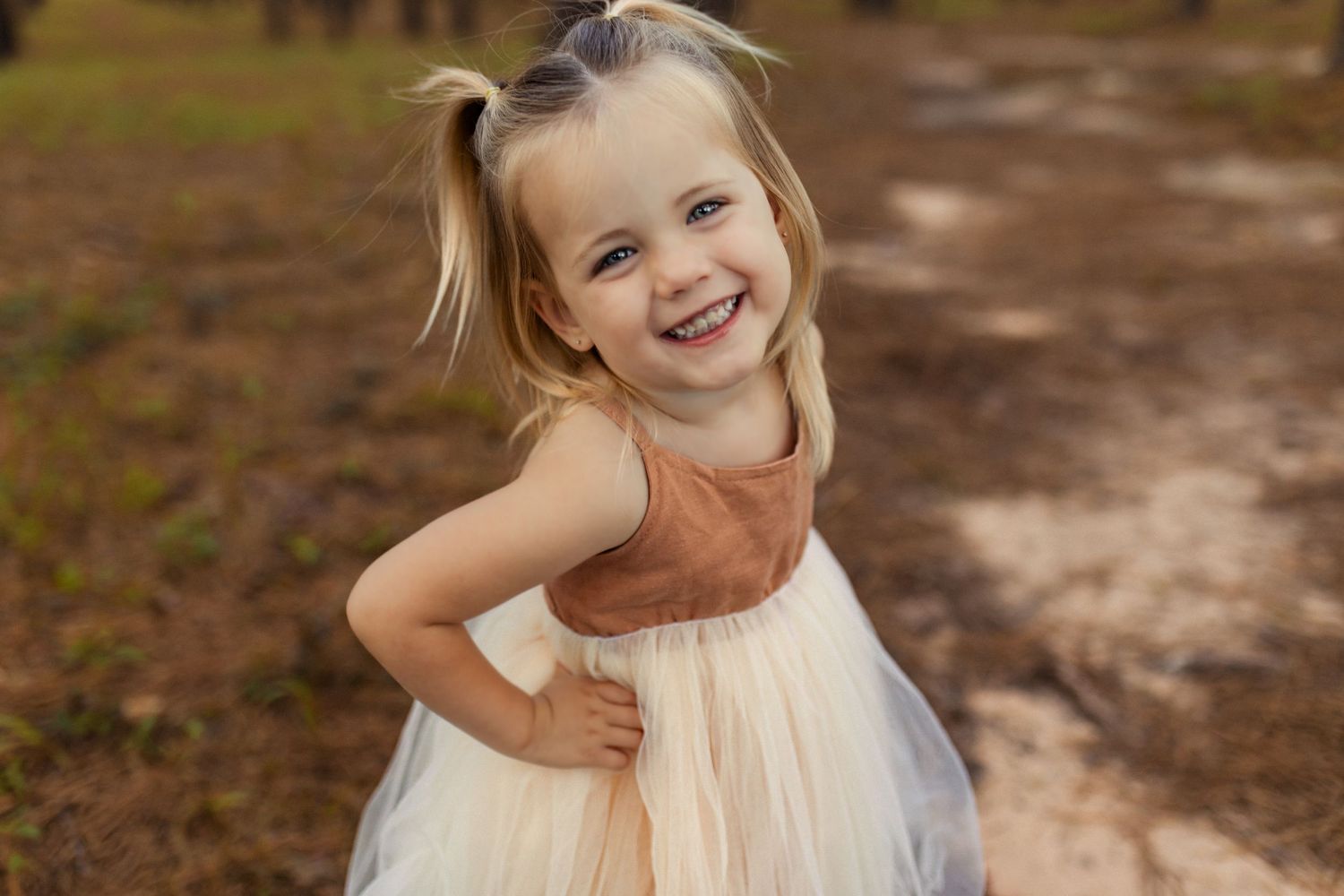 A series of candid outdoor portraits showing a person in a white dress against a natural brown background.