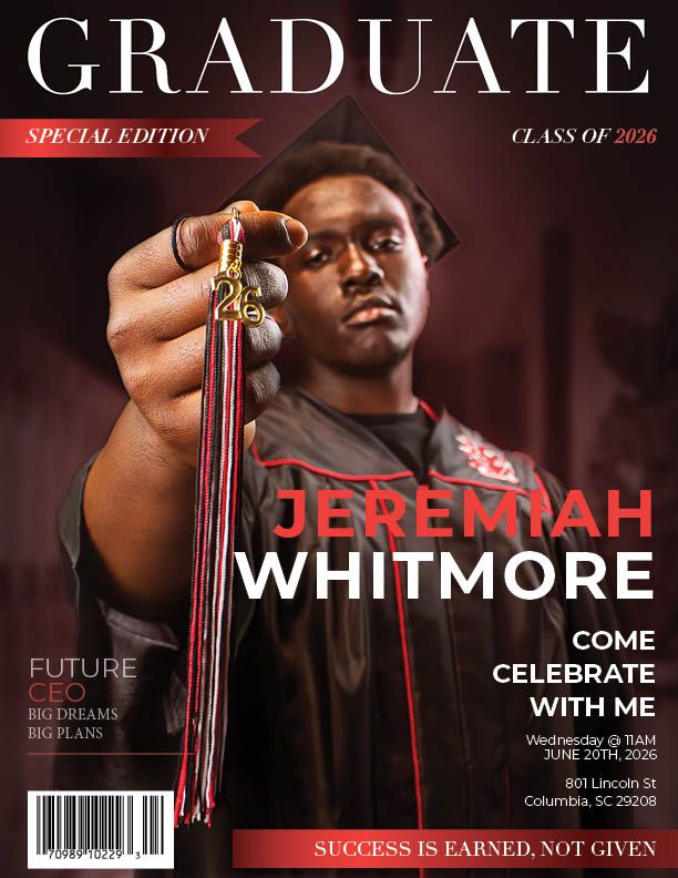 Graduate magazine cover featuring Jeremiah Whitmore, Class of 2026, holding a tassel in cap and gown.