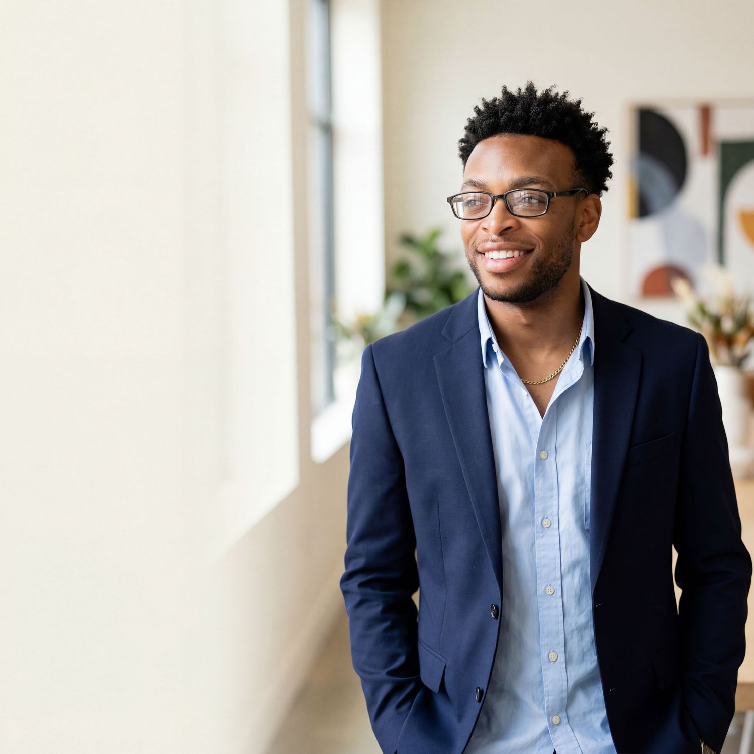 A young Black man in a navy blazer and glasses smiles confidently in a bright modern office space.