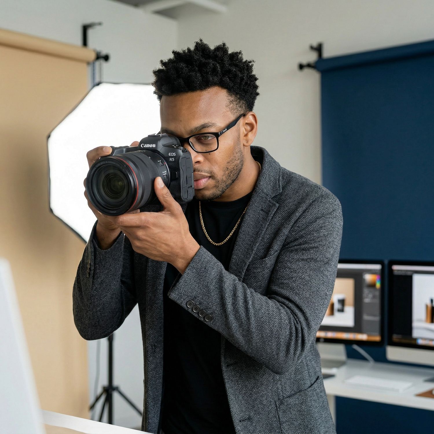 A professional Black male photographer in glasses and blazer captures photos with a Canon DSLR camera in a modern studio.